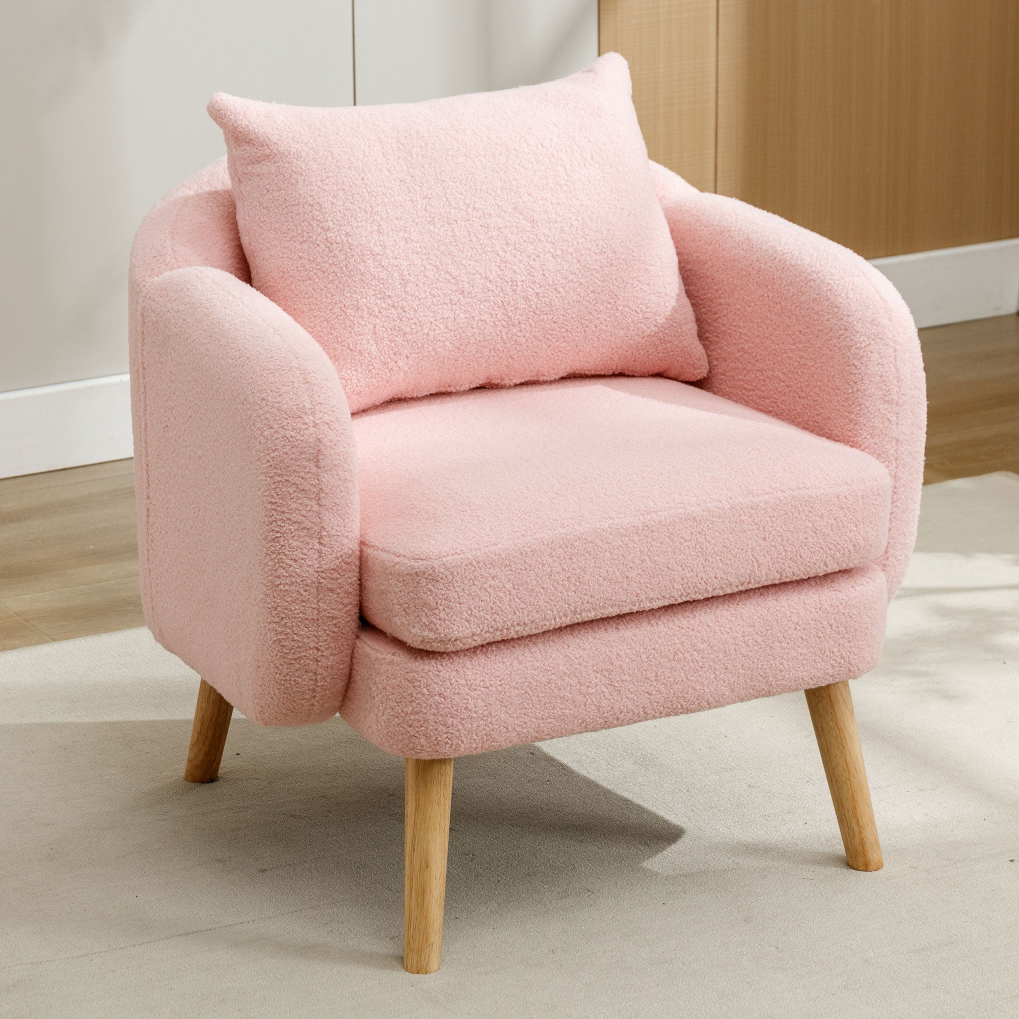Logidon Teddy Fluwelen Fauteuil Roze Extra Dik Kussen Massief Houten Poten