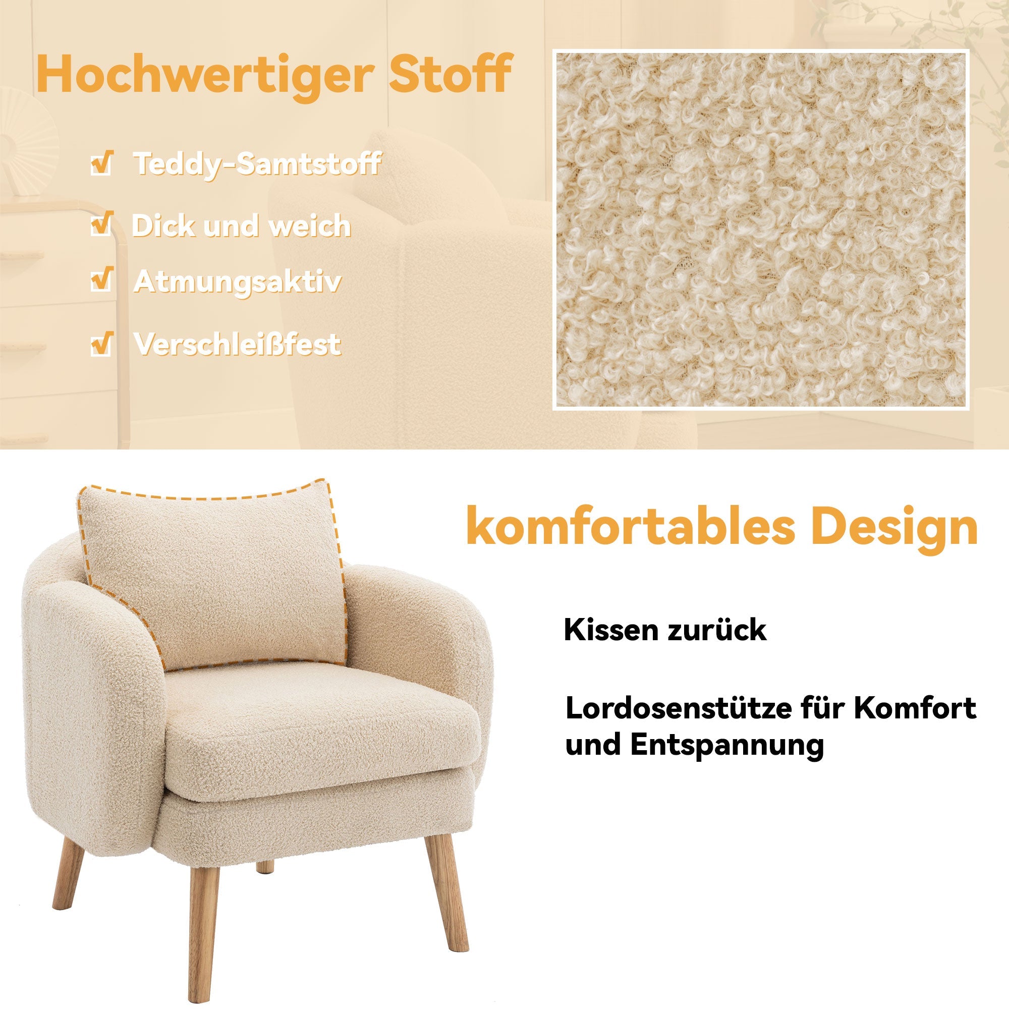 Logidon Teddy Velvet Armchair Beige Extra Thick Cushion