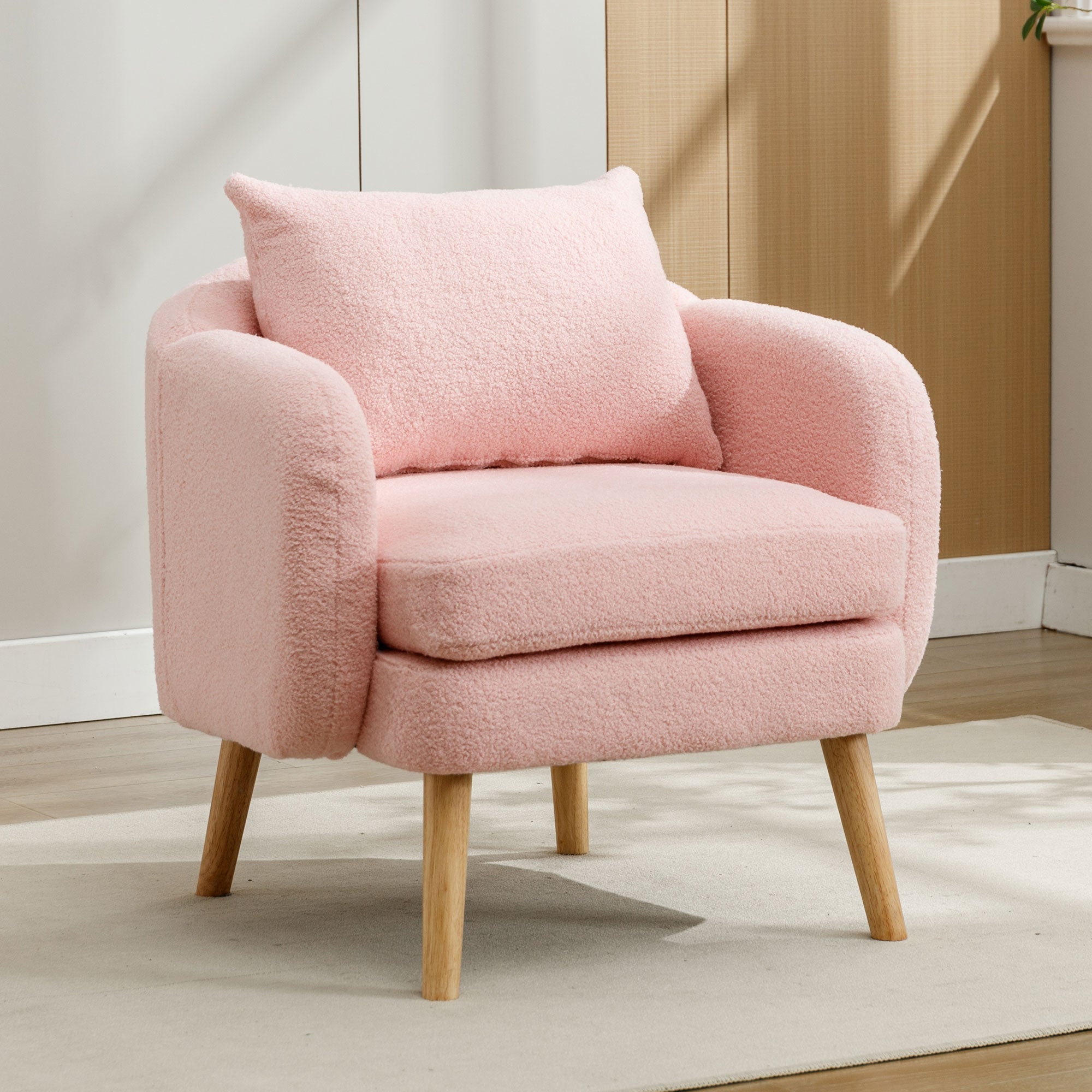Logidon Teddy Fluwelen Fauteuil Roze Extra Dik Kussen Massief Houten Poten