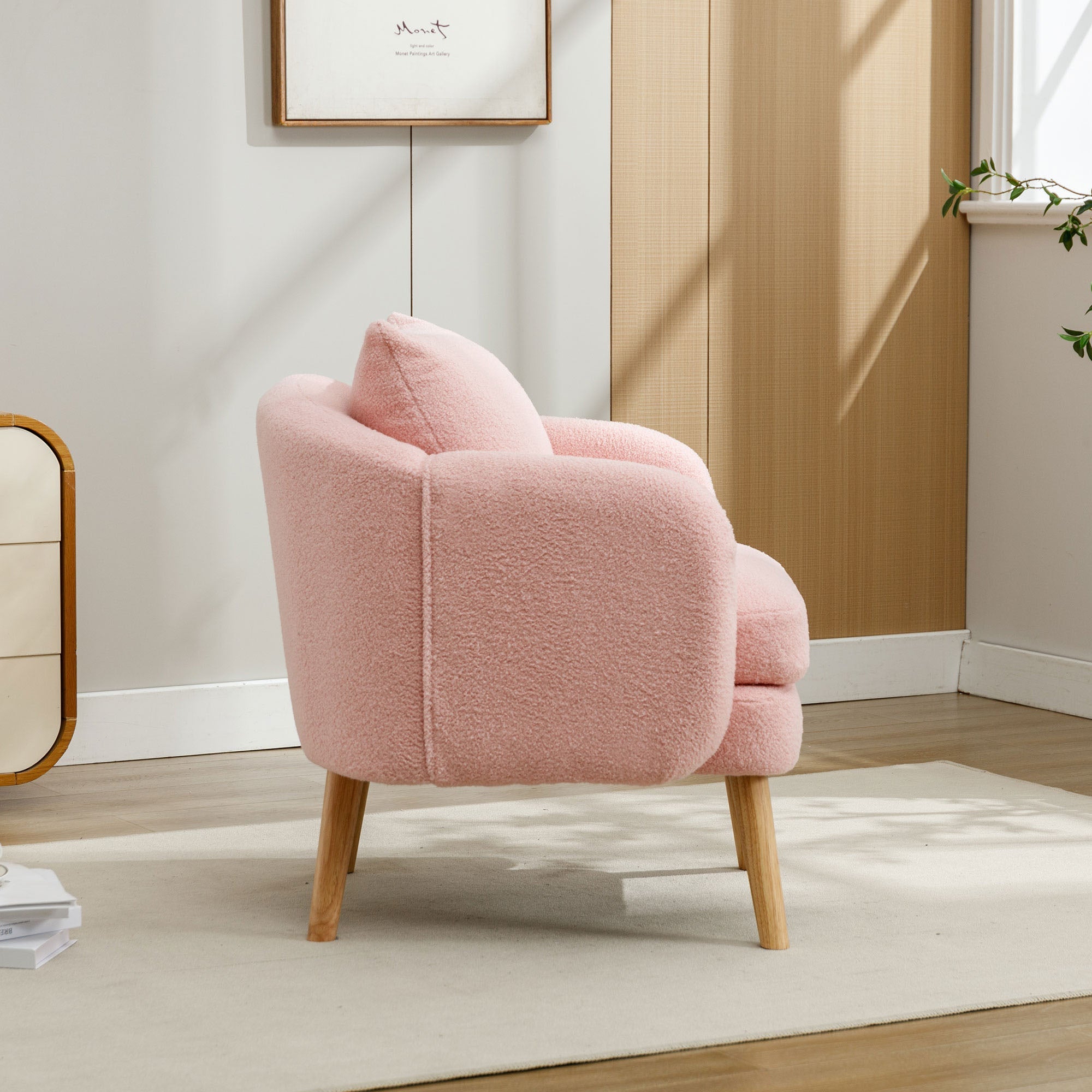 Logidon Teddy Fluwelen Fauteuil Roze Extra Dik Kussen Massief Houten Poten