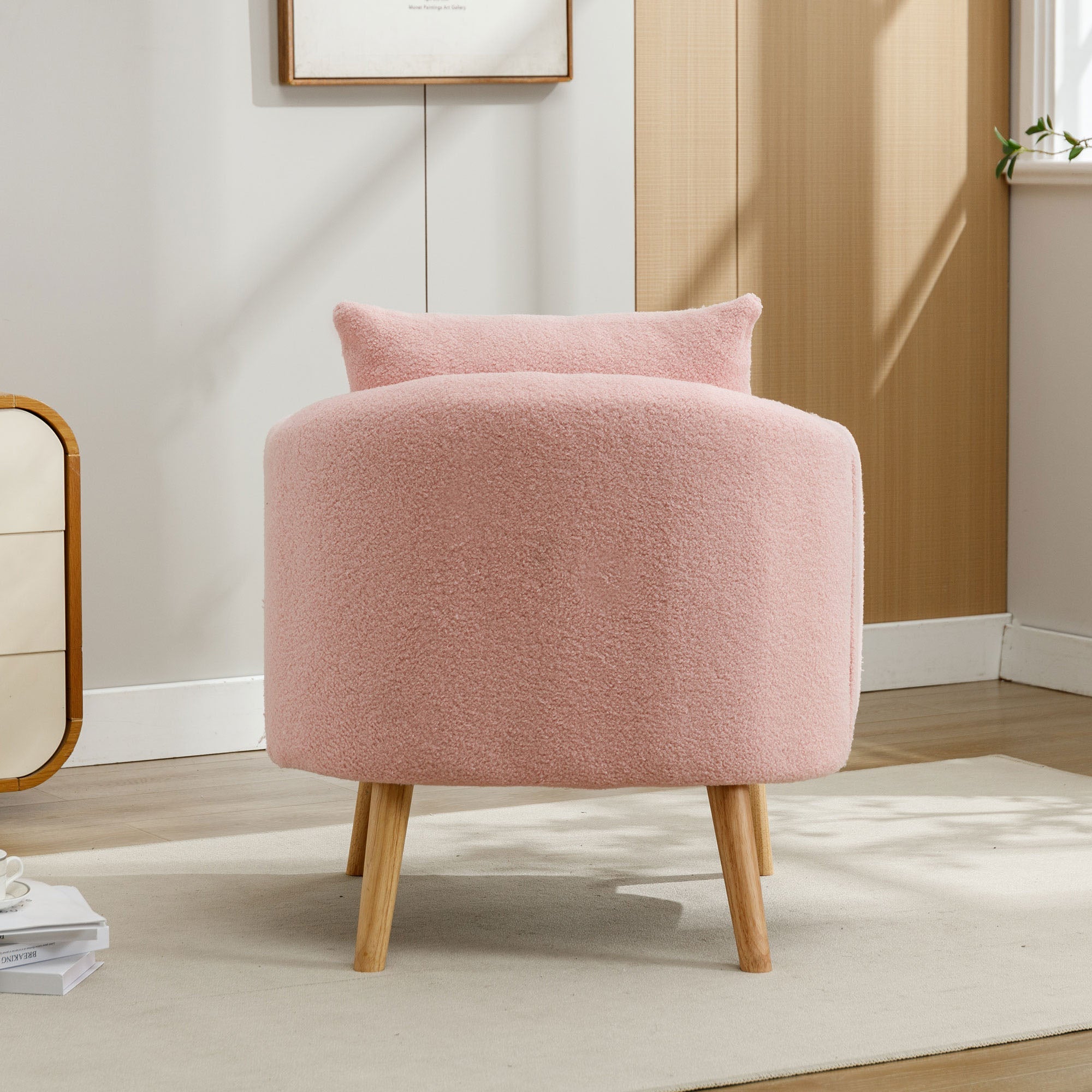 Logidon Teddy Fluwelen Fauteuil Roze Extra Dik Kussen Massief Houten Poten