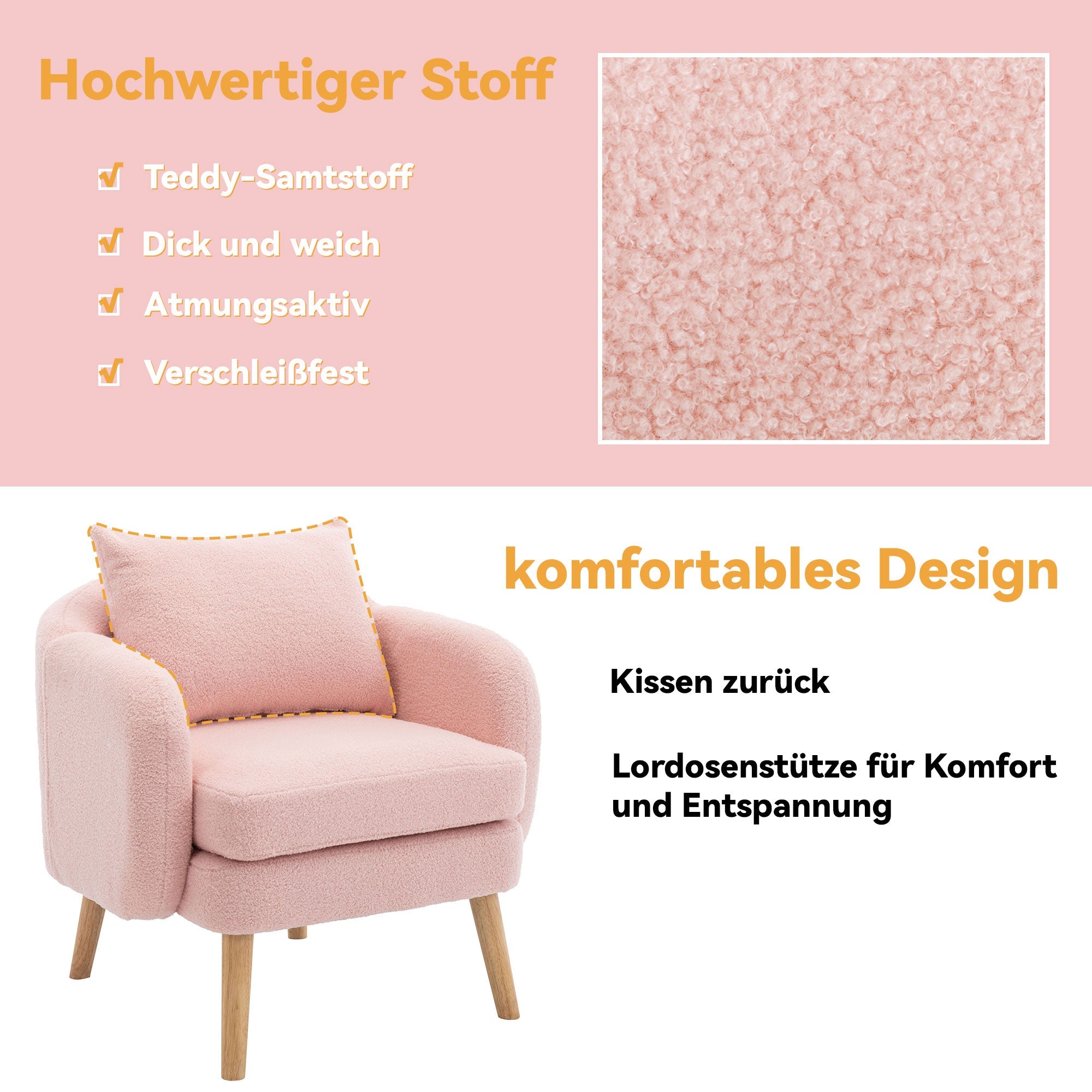 Logidon Teddy Fluwelen Fauteuil Roze Extra Dik Kussen Massief Houten Poten