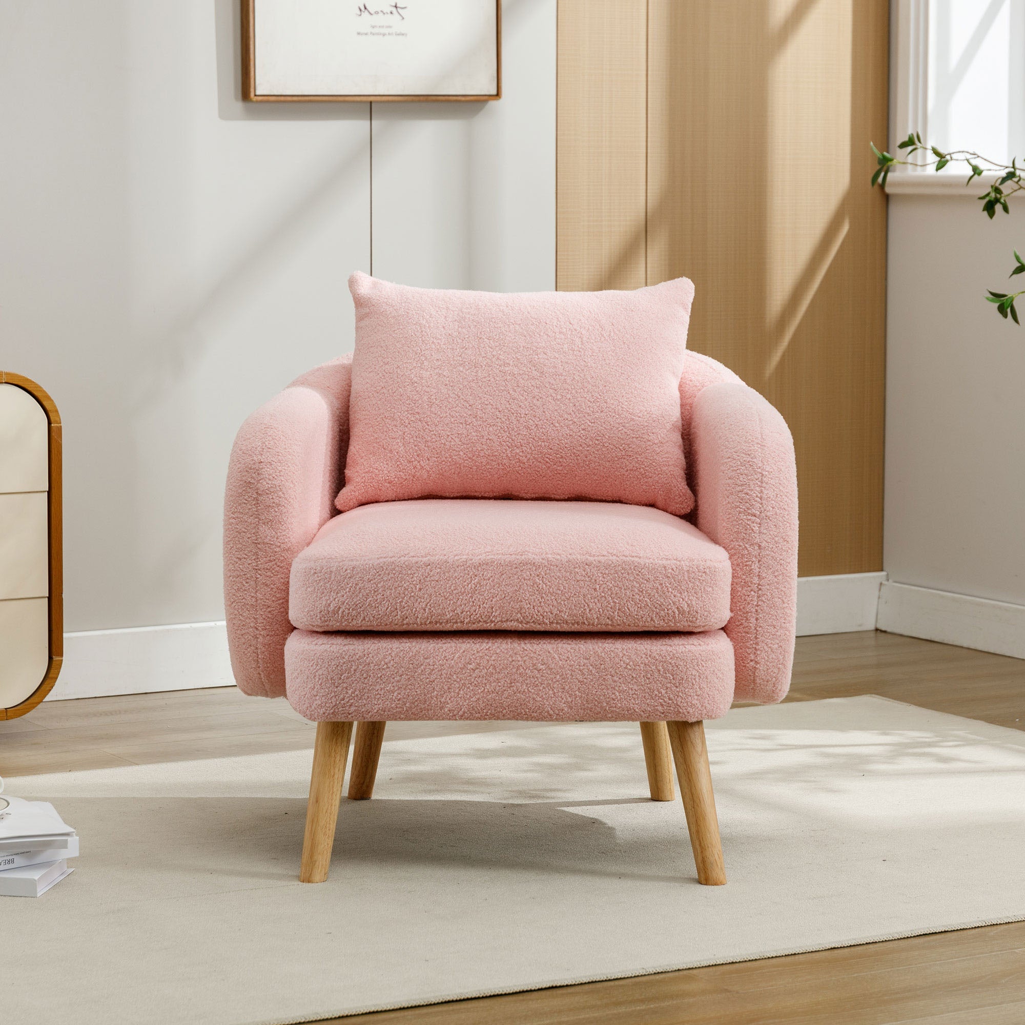 Logidon Teddy Fluwelen Fauteuil Roze Extra Dik Kussen Massief Houten Poten