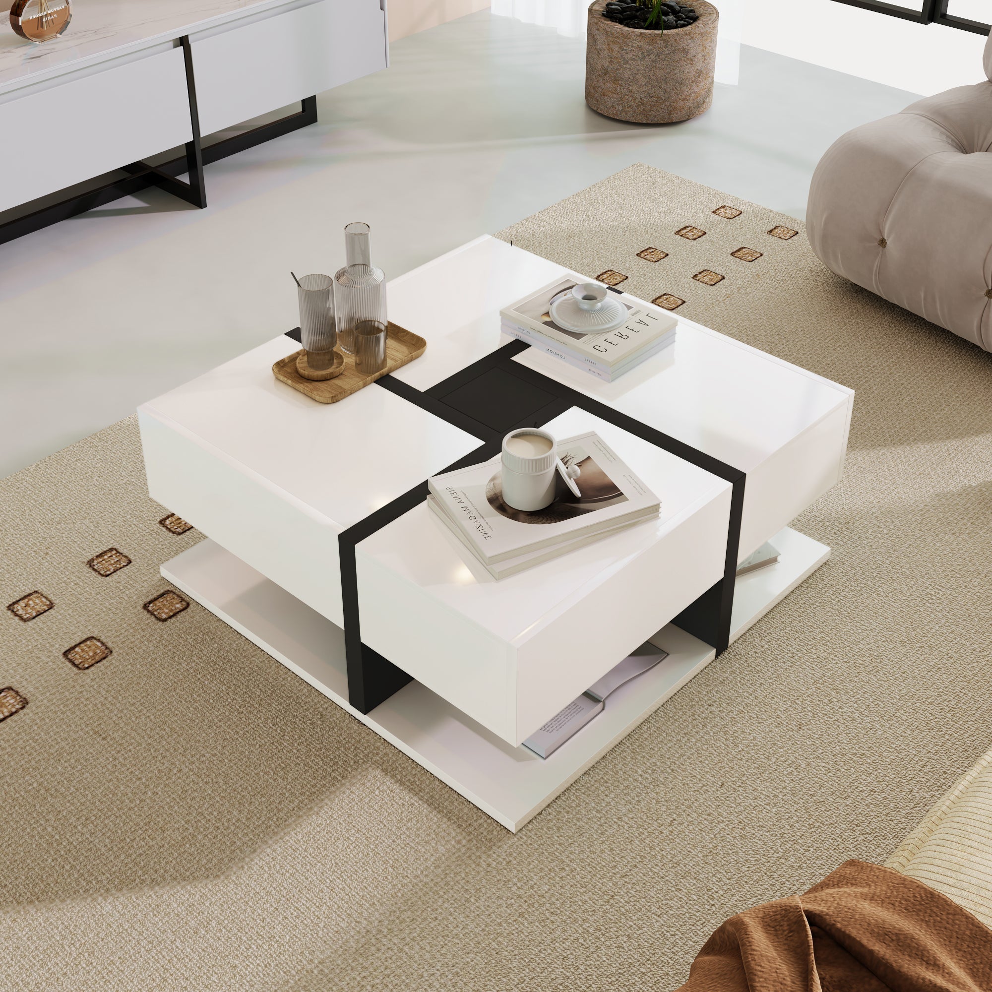 Logidon high gloss coffee table square 78 cm - 4 drawers, white