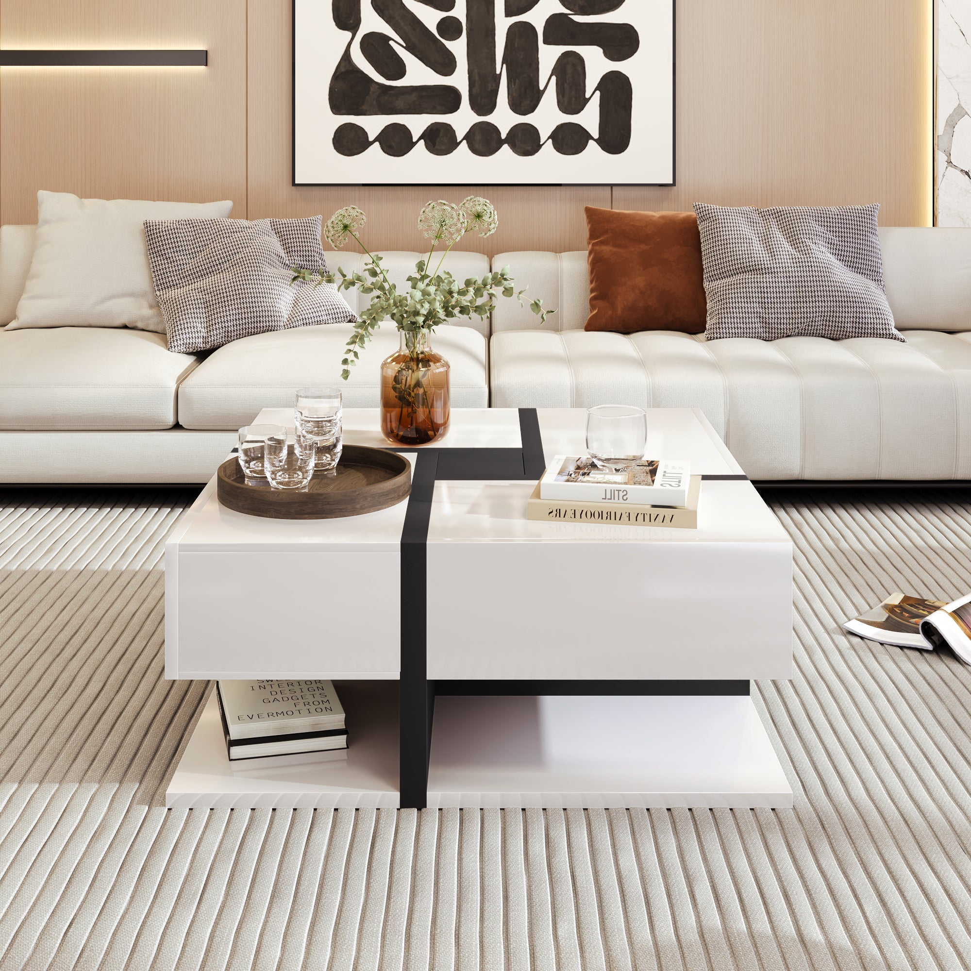 Logidon high gloss coffee table square 78 cm - 4 drawers, white