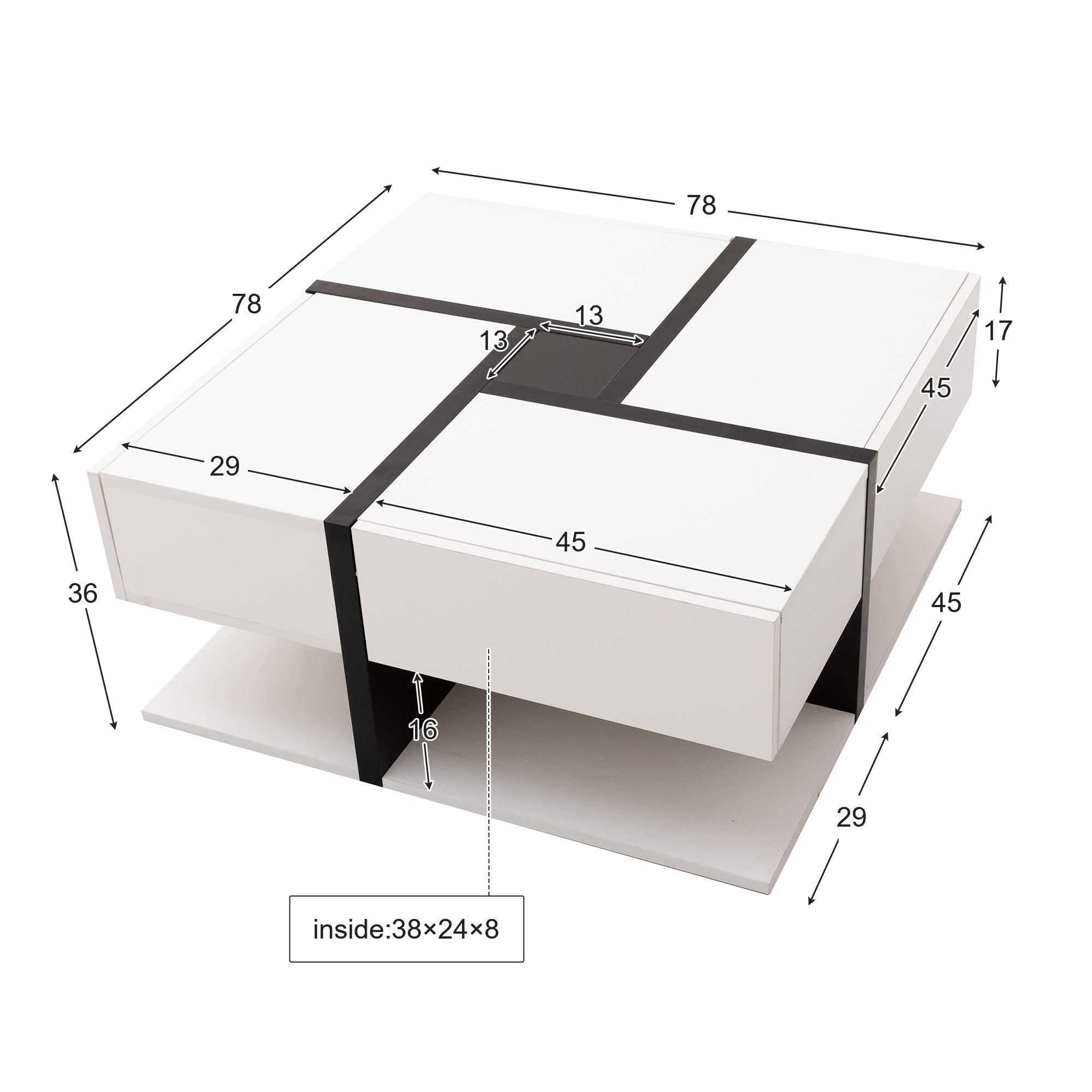 Logidon hoogglans salontafel vierkant 78 cm - 4 laden, wit