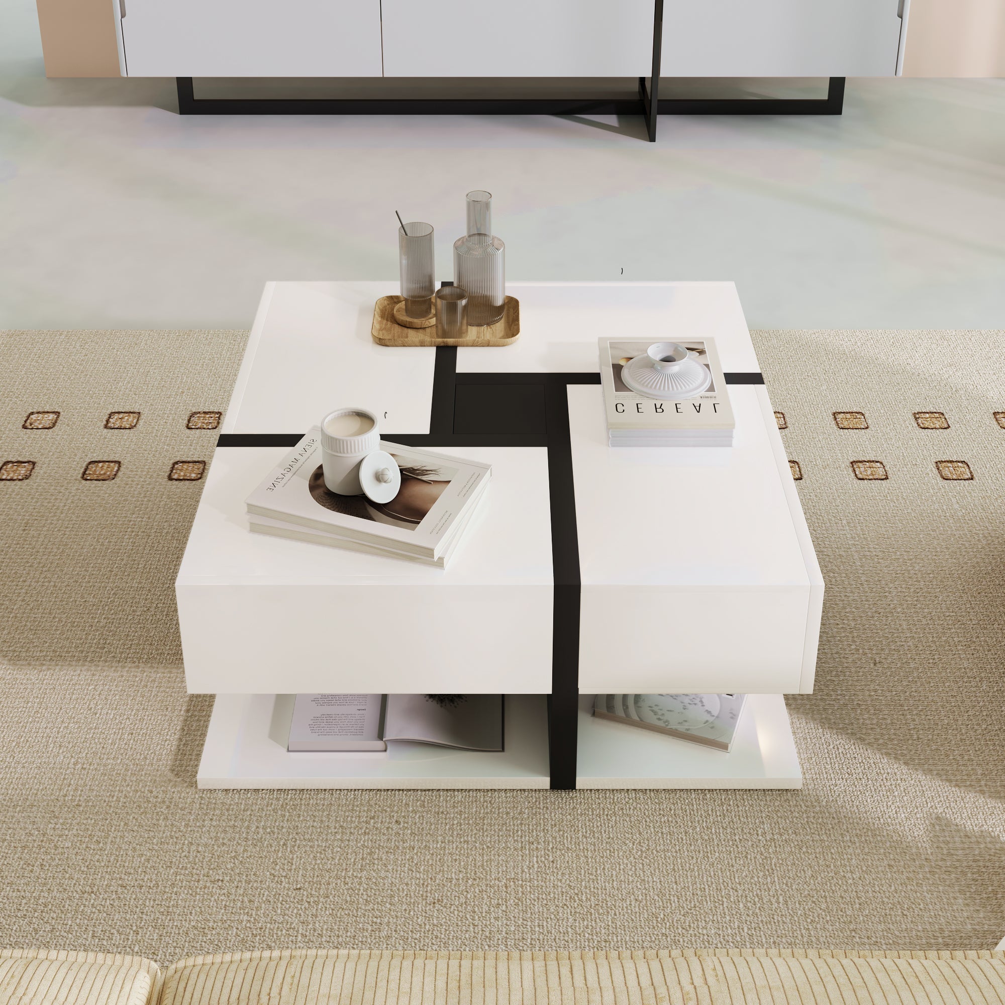 Logidon high gloss coffee table square 78 cm - 4 drawers, white