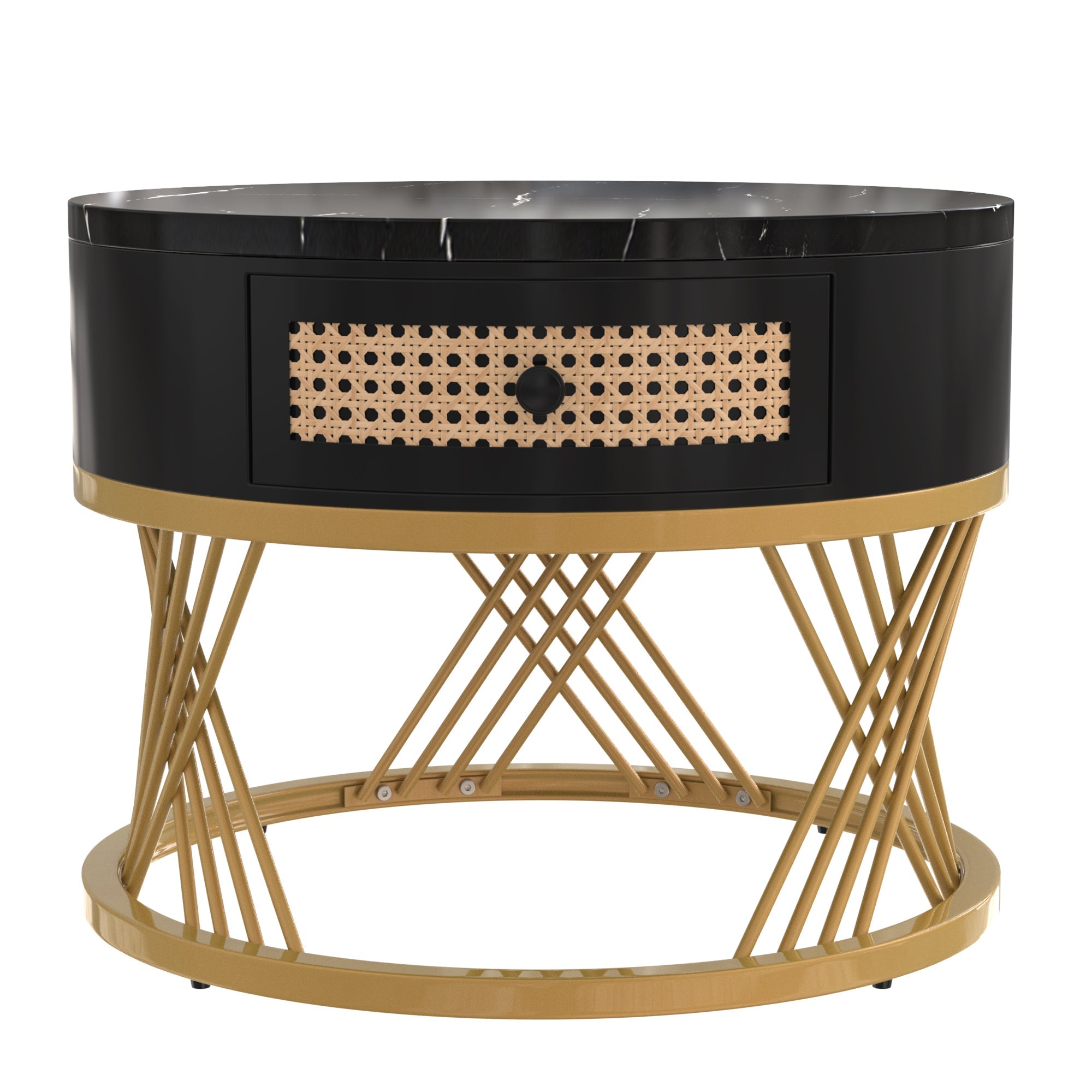 Logidon 2in1 salontafel zwart marmerlook rotan lades goud 70x70