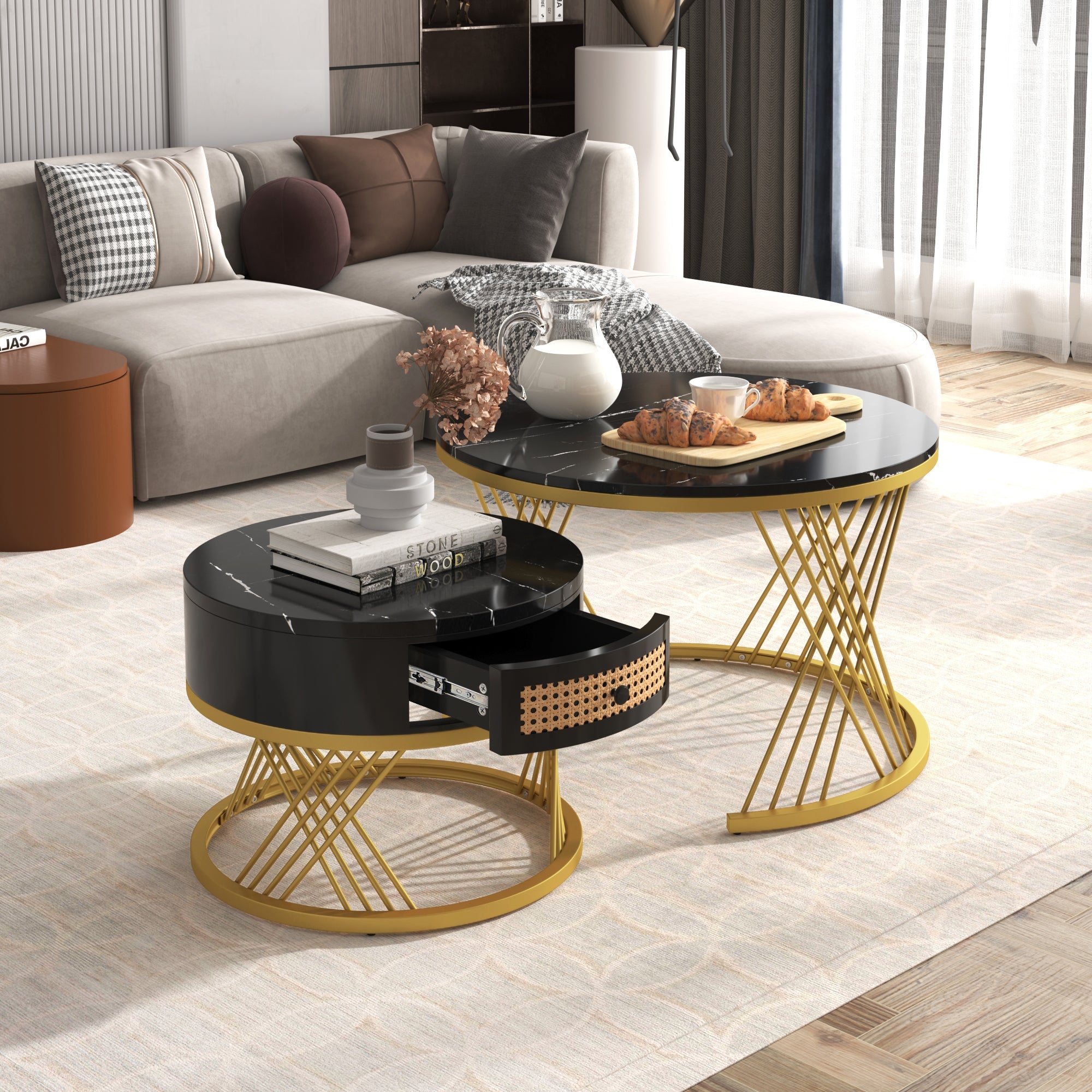 Logidon 2in1 salontafel zwart marmerlook rotan lades goud 70x70