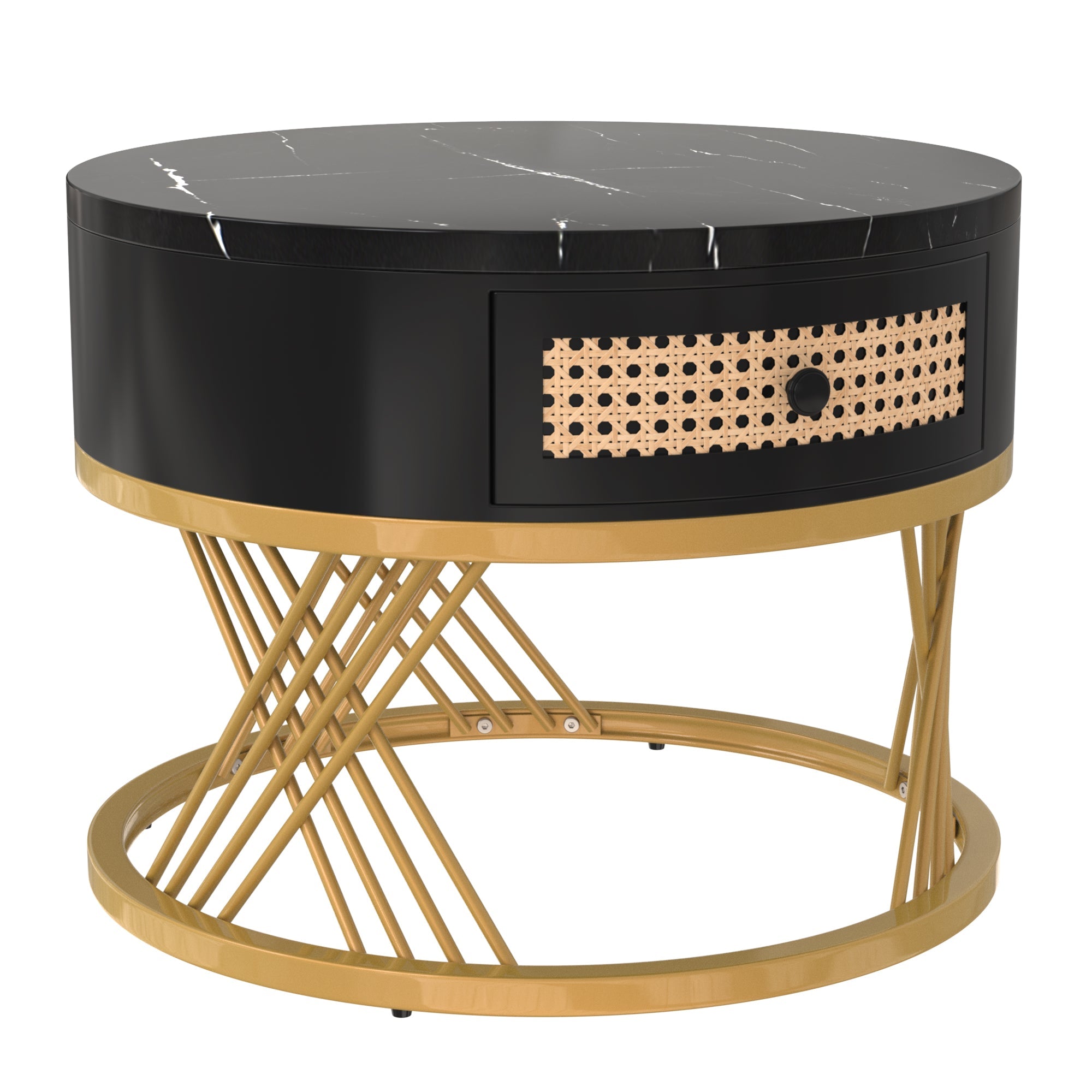 Logidon 2in1 salontafel zwart marmerlook rotan lades goud 70x70