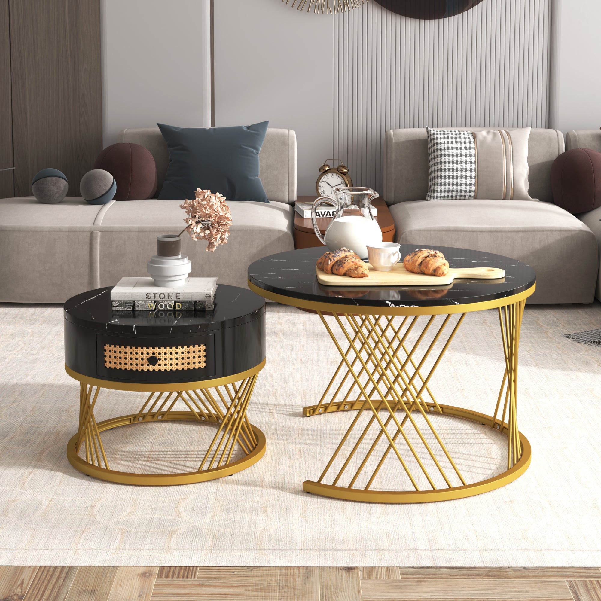 Logidon 2in1 salontafel zwart marmerlook rotan lades goud 70x70