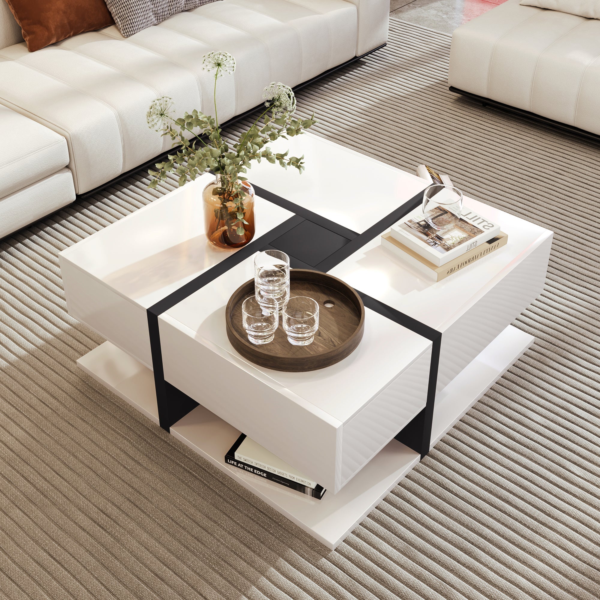 Logidon high gloss coffee table square 78 cm - 4 drawers, white