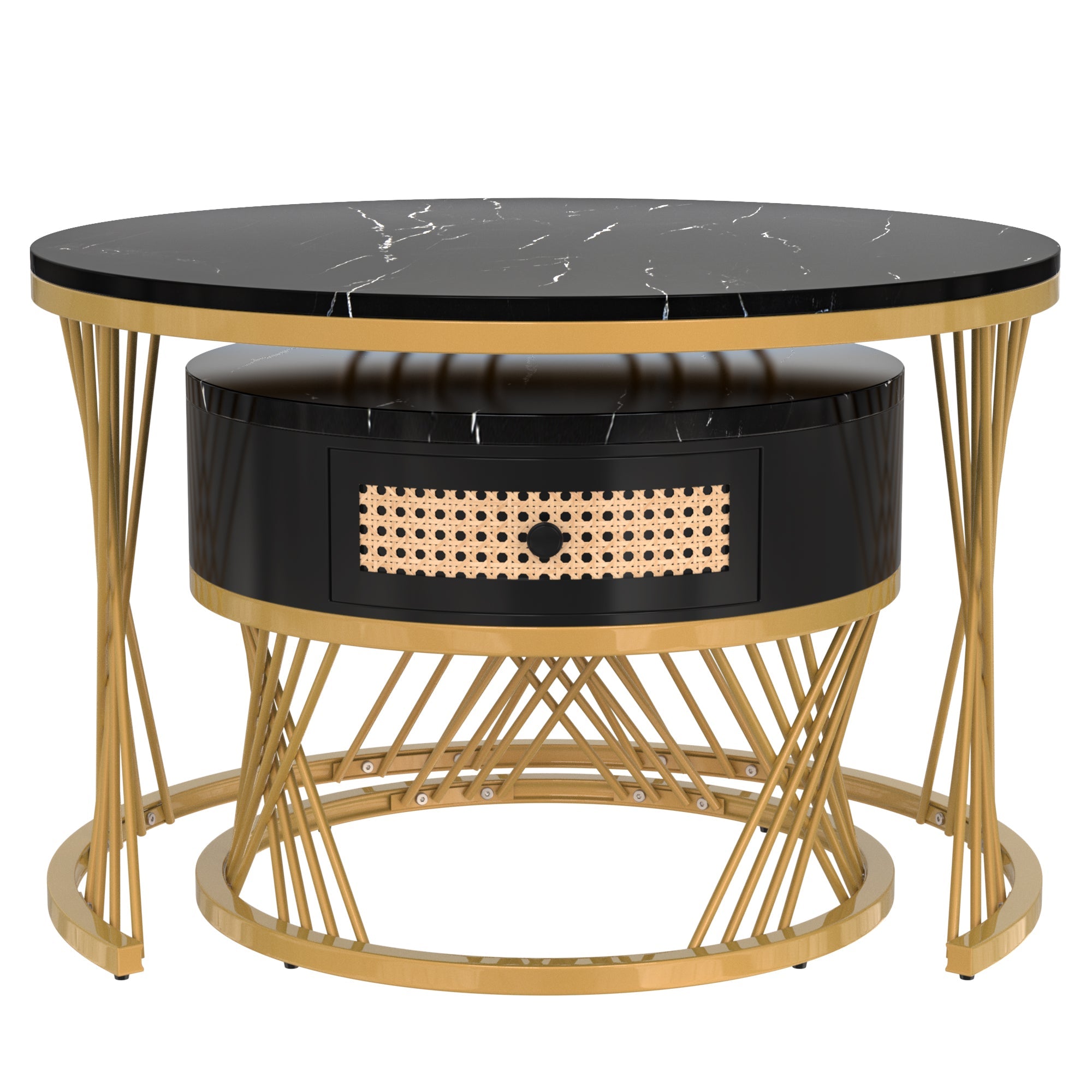 Logidon 2in1 salontafel zwart marmerlook rotan lades goud 70x70