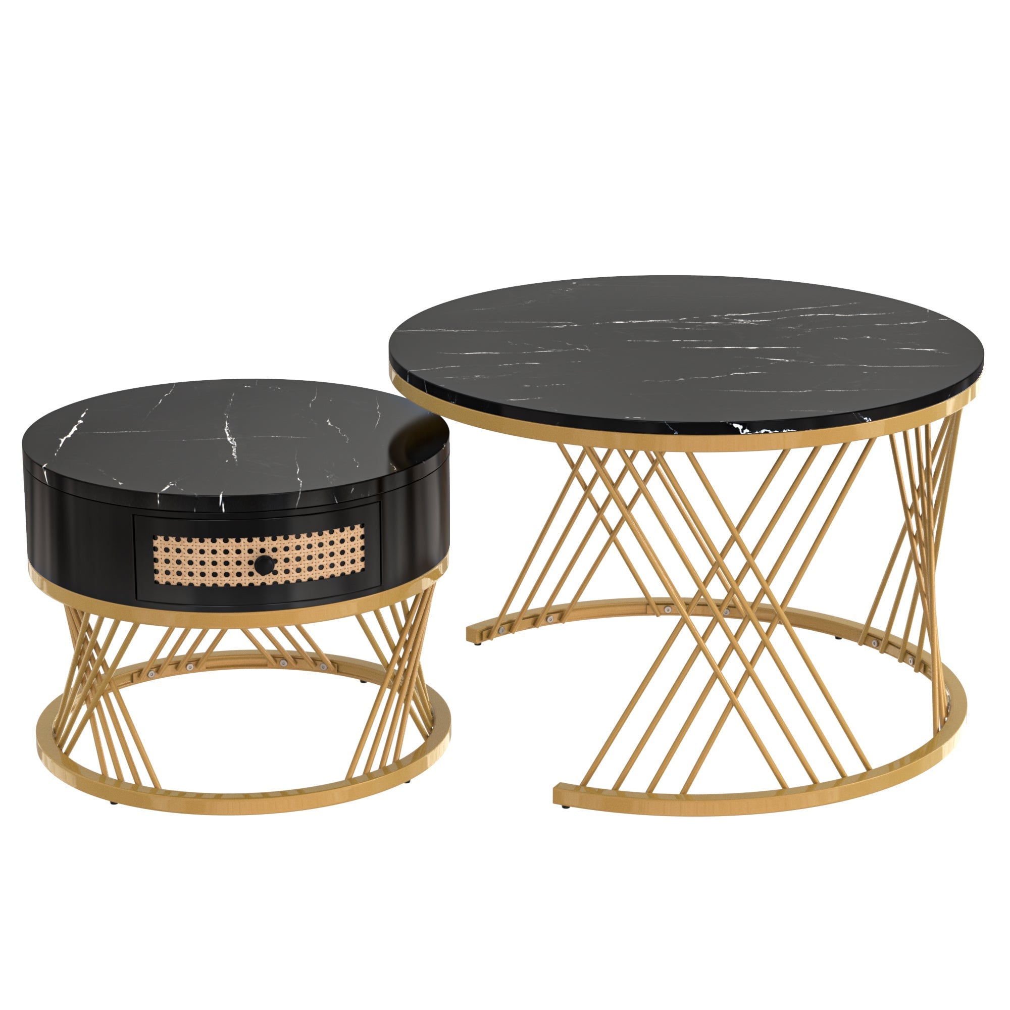 Logidon 2in1 salontafel zwart marmerlook rotan lades goud 70x70