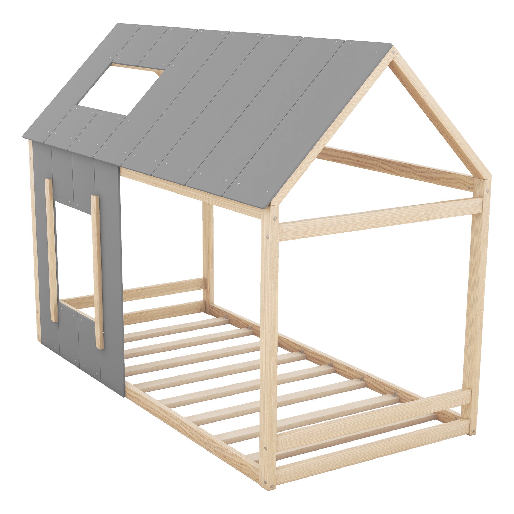 Logidon 90 x 200 kinderbed huisvorm grijs natuurlijk dakraam