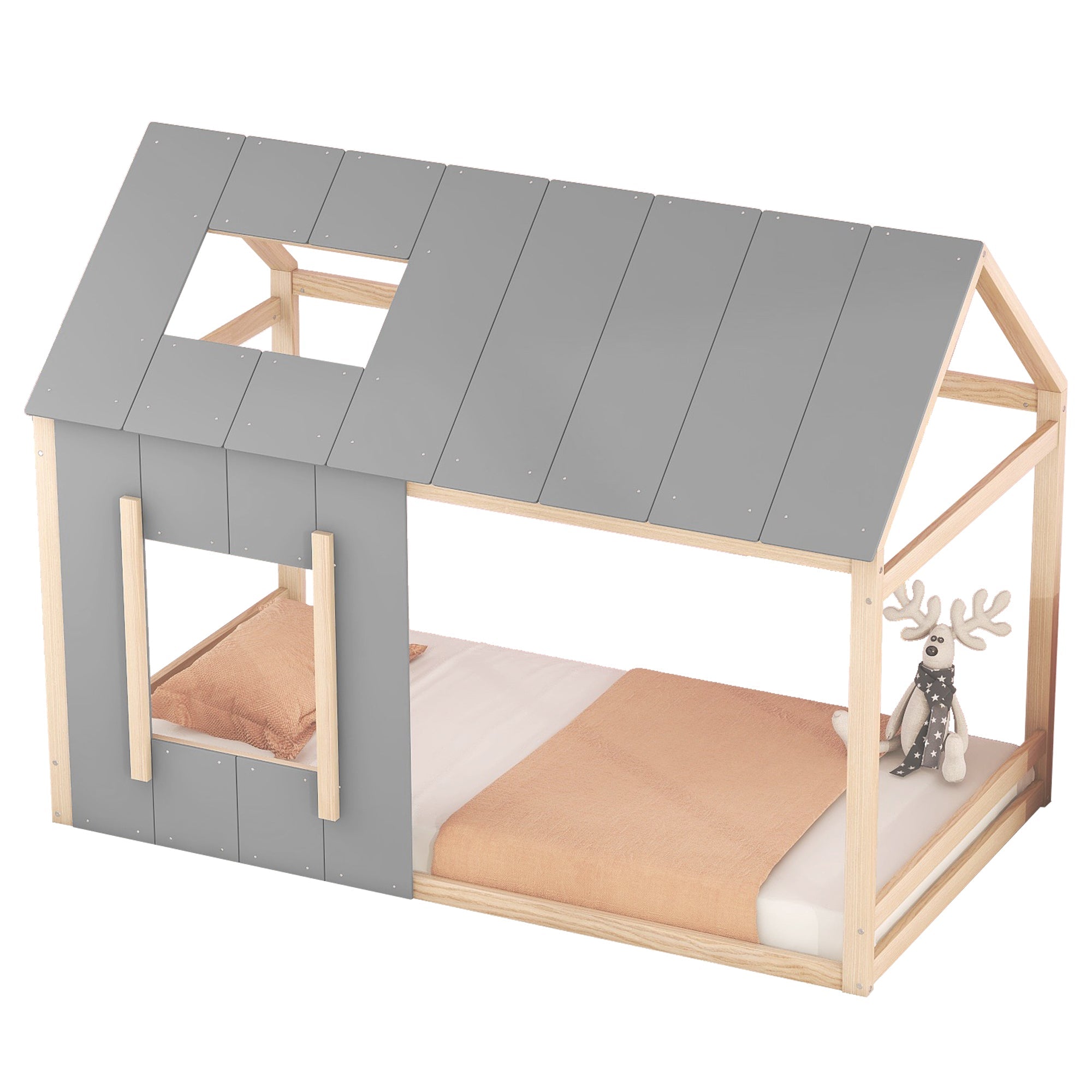 Logidon 90 x 200 kinderbed huisvorm grijs natuurlijk dakraam