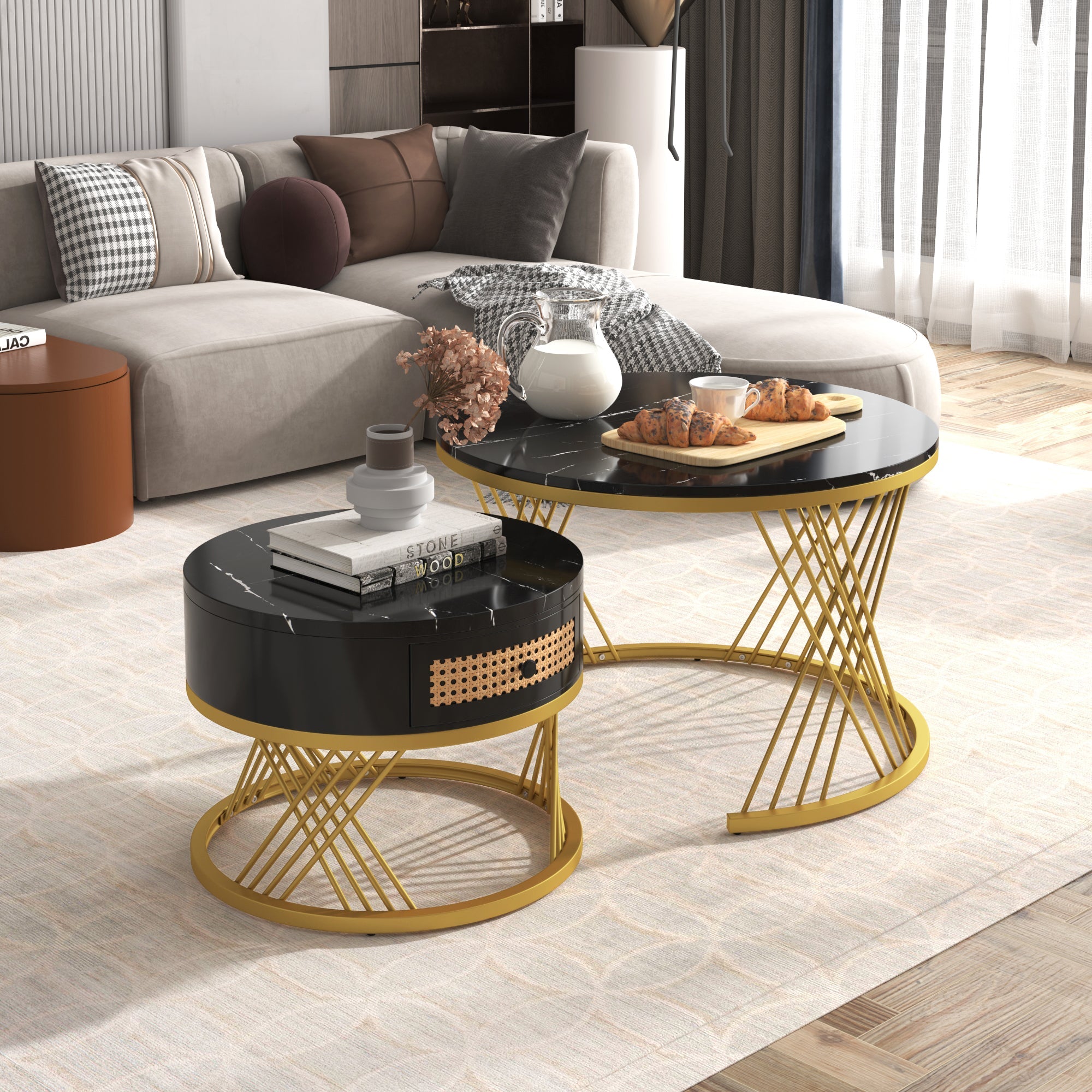 Logidon 2in1 salontafel zwart marmerlook rotan lades goud 70x70