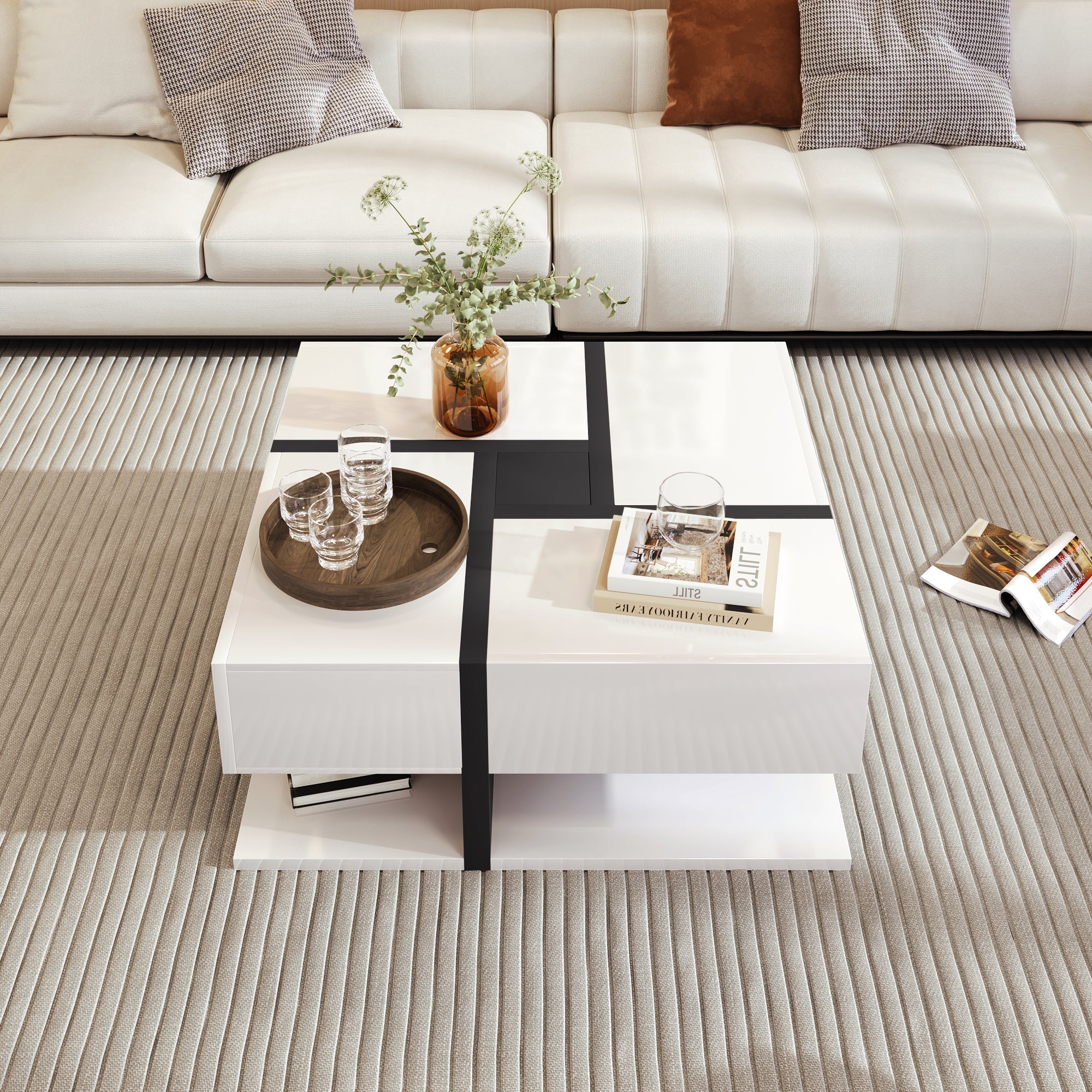 Logidon high gloss coffee table square 78 cm - 4 drawers, white