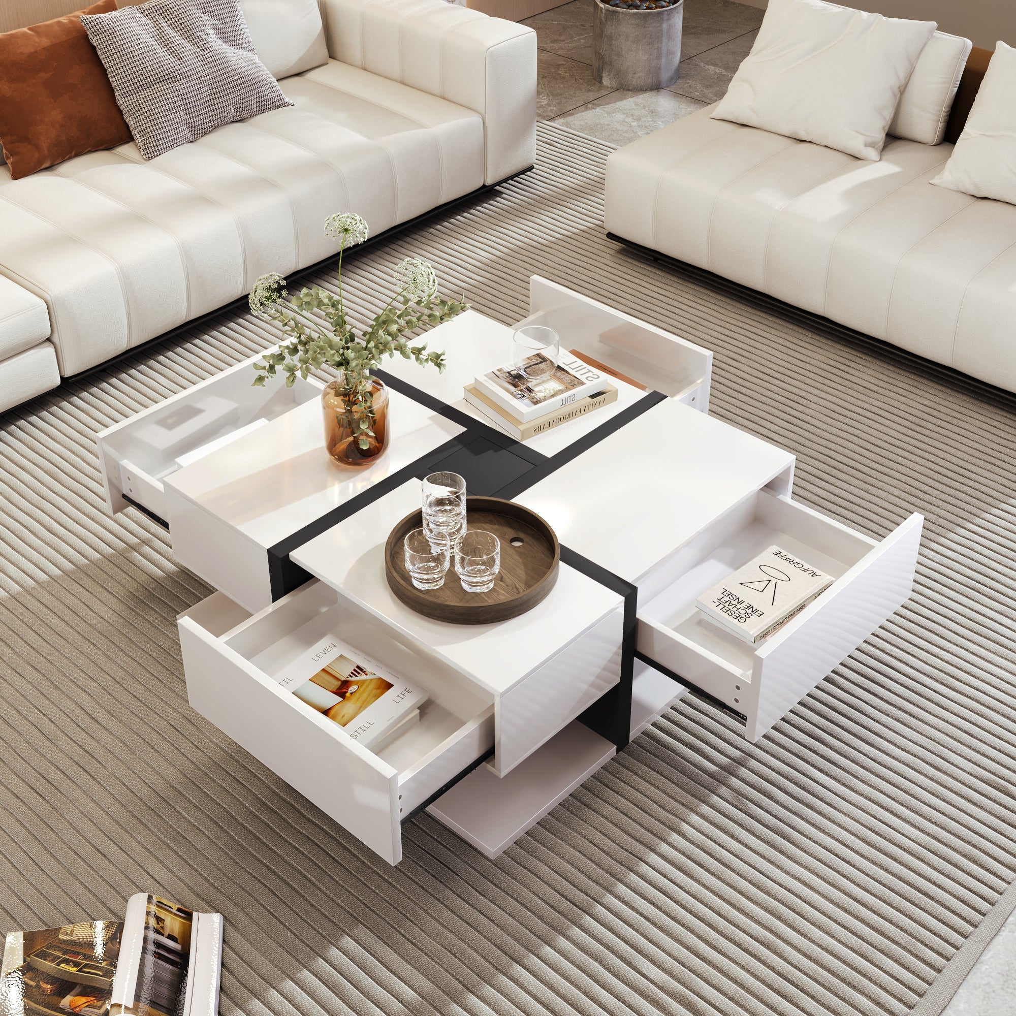 Logidon high gloss coffee table square 78 cm - 4 drawers, white