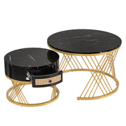 Logidon 2in1 salontafel zwart marmerlook rotan lades goud 70x70
