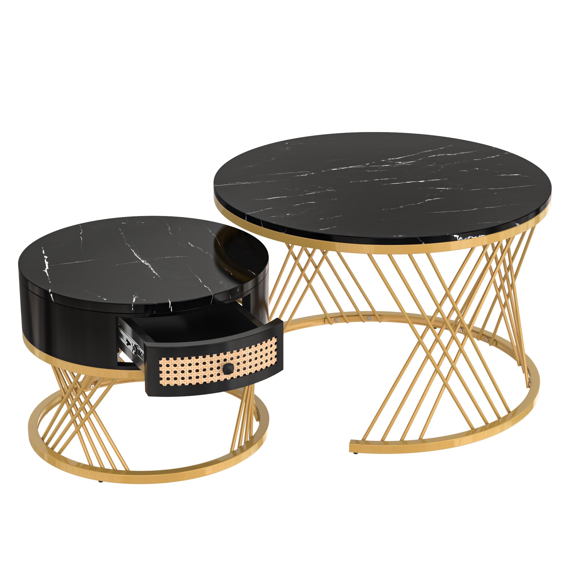 Logidon 2in1 salontafel zwart marmerlook rotan lades goud 70x70