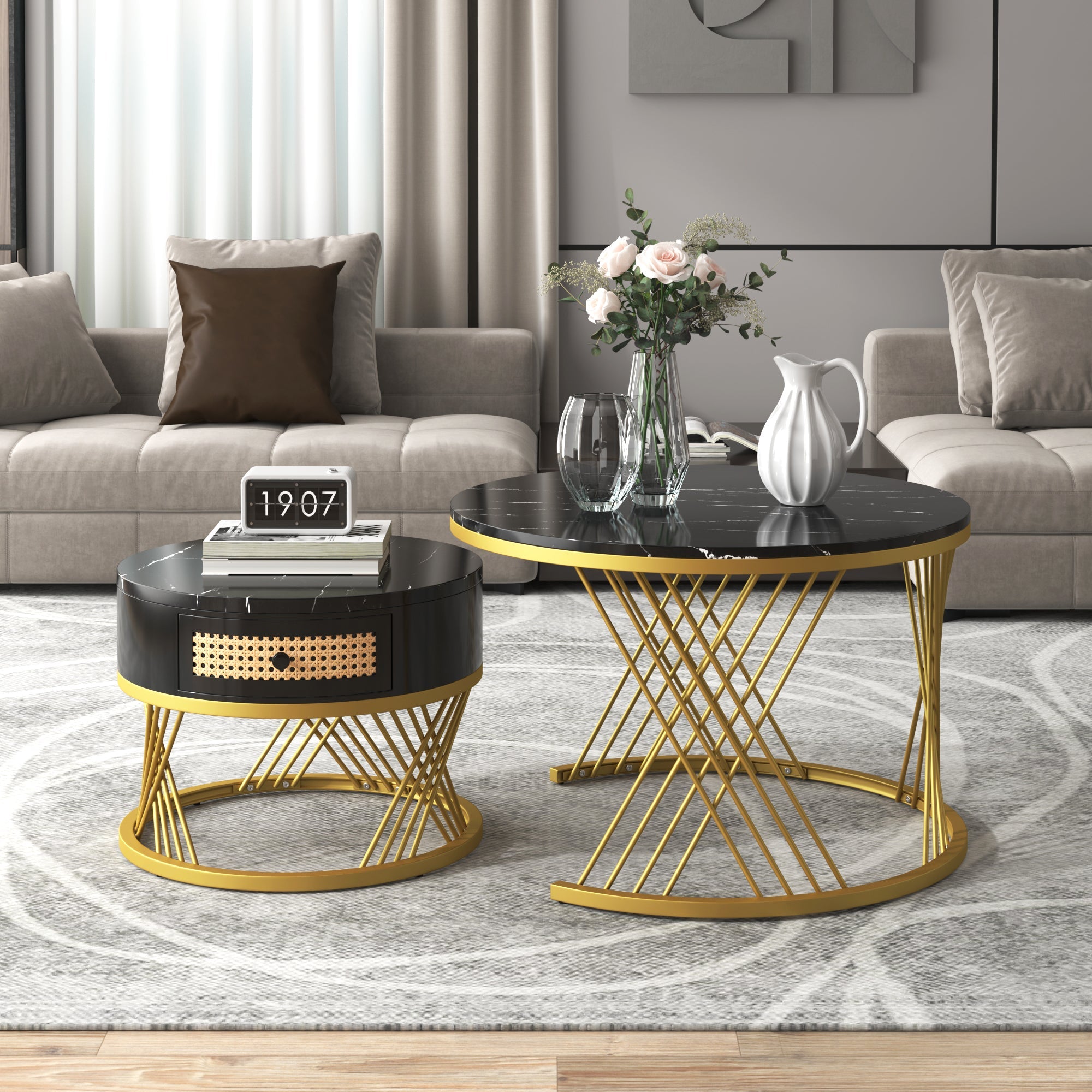 Logidon 2in1 salontafel zwart marmerlook rotan lades goud 70x70
