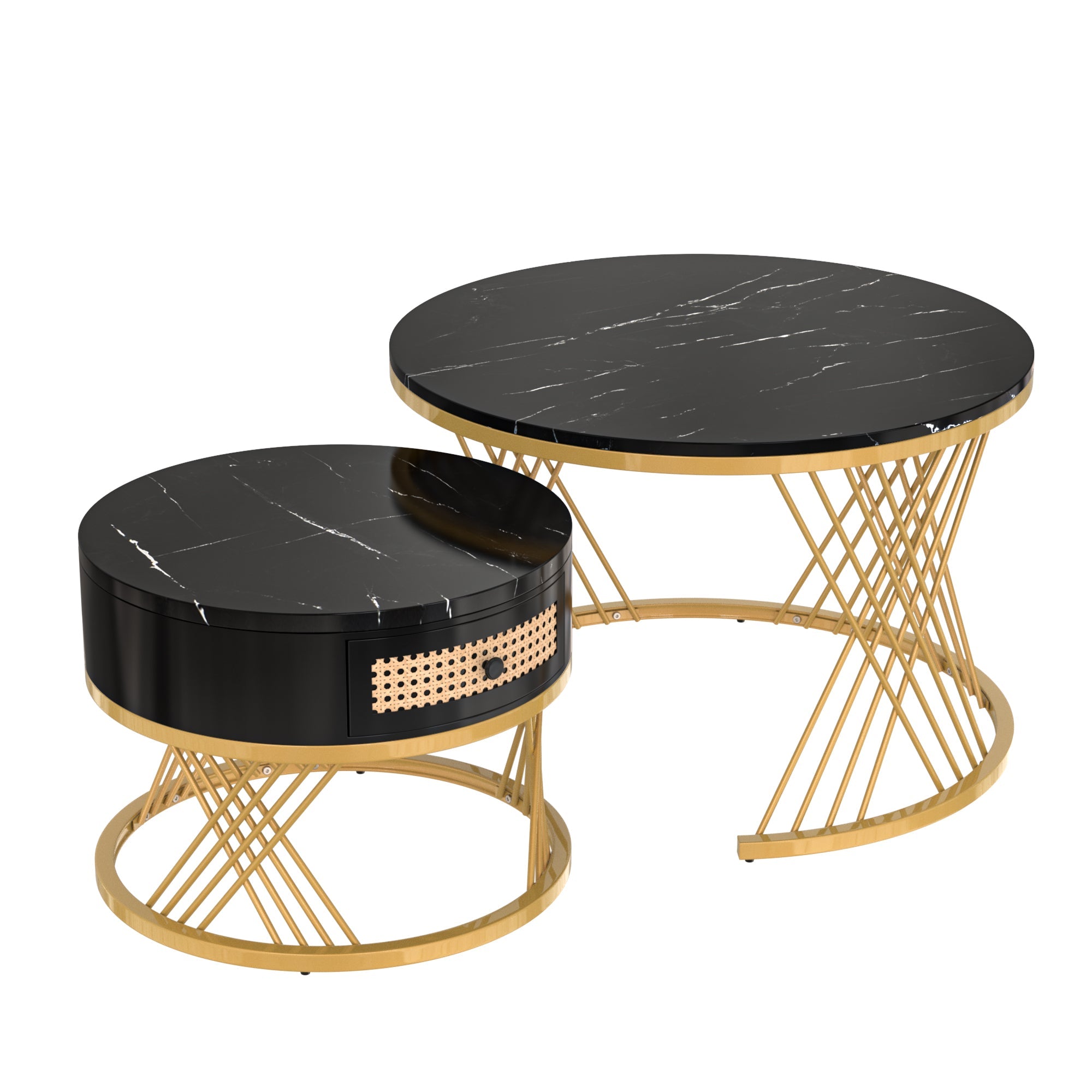 Logidon 2in1 salontafel zwart marmerlook rotan lades goud 70x70