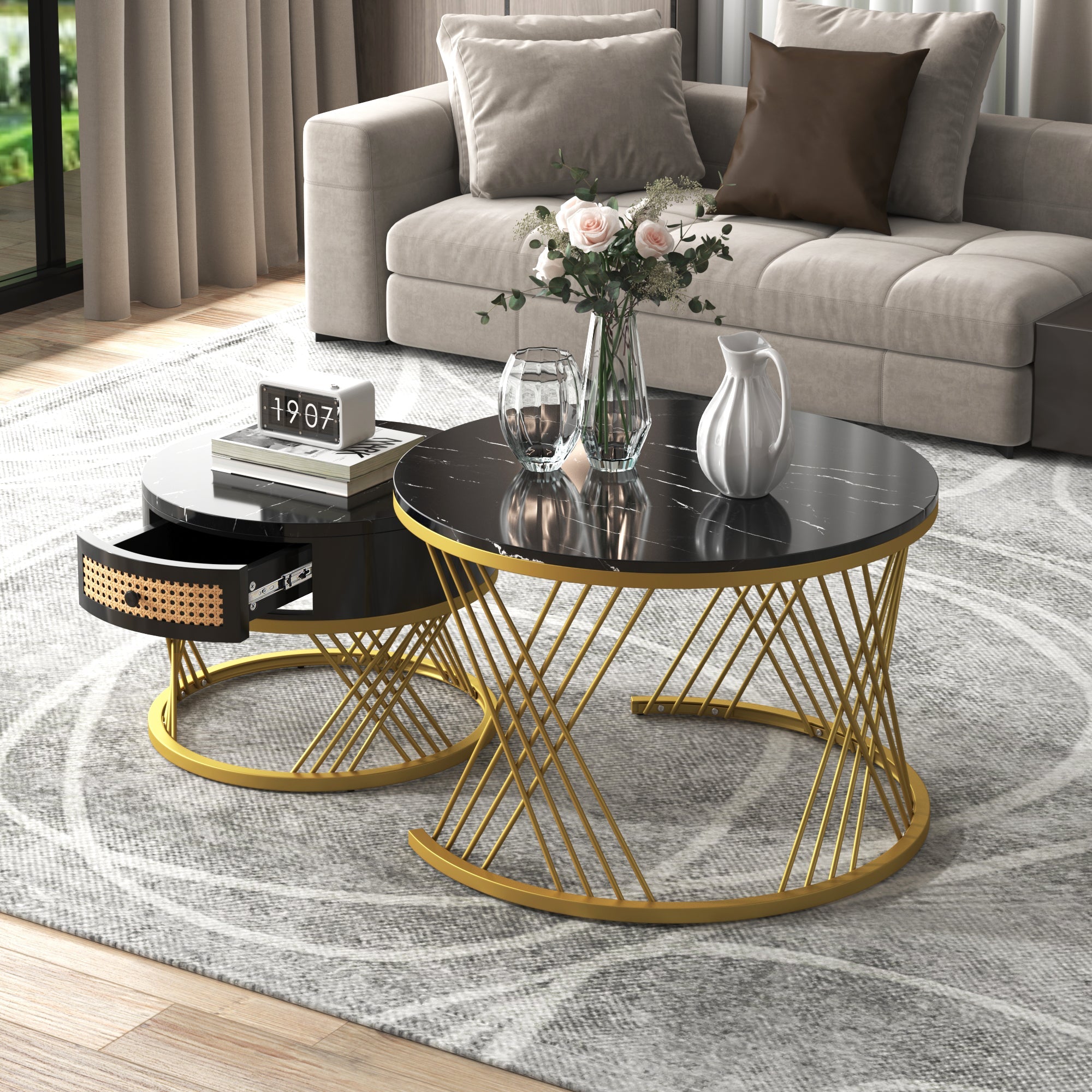 Logidon 2in1 salontafel zwart marmerlook rotan lades goud 70x70