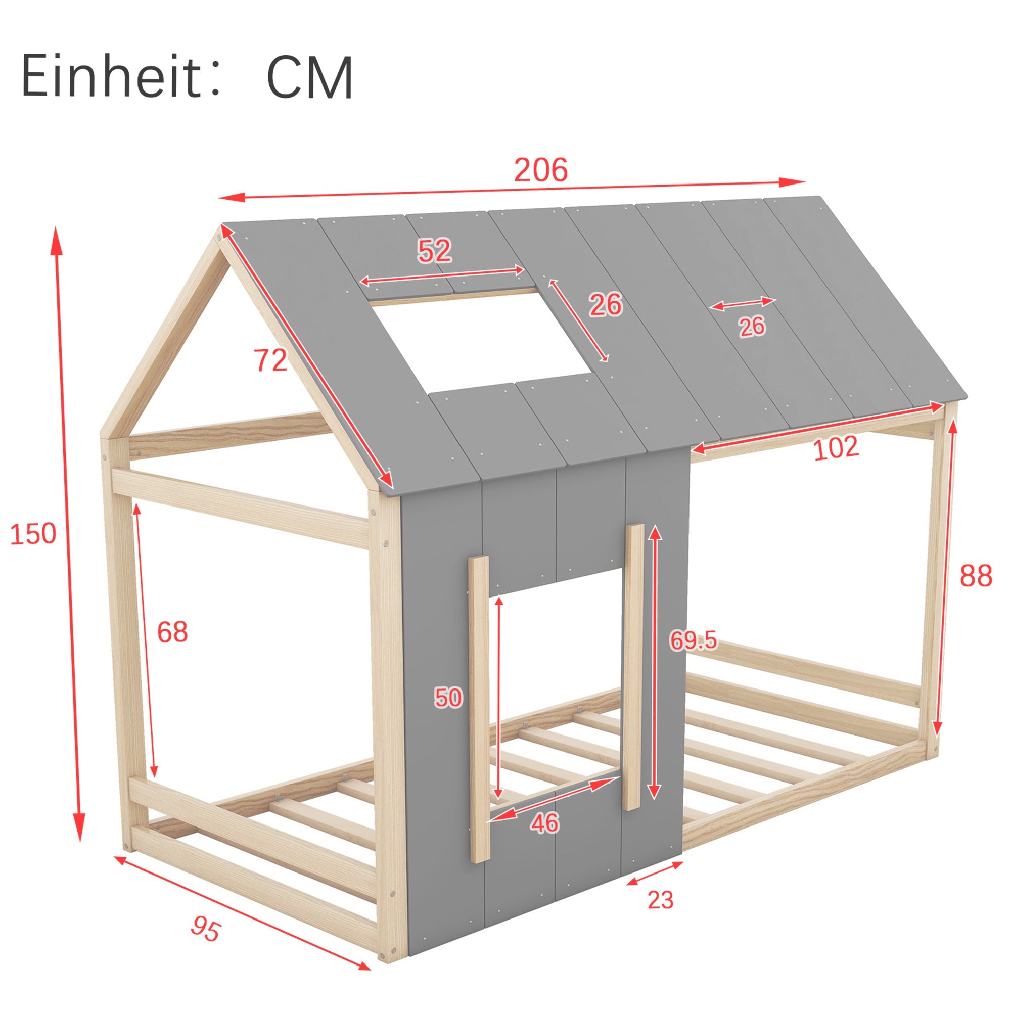 Logidon 90 x 200 kinderbed huisvorm grijs natuurlijk dakraam