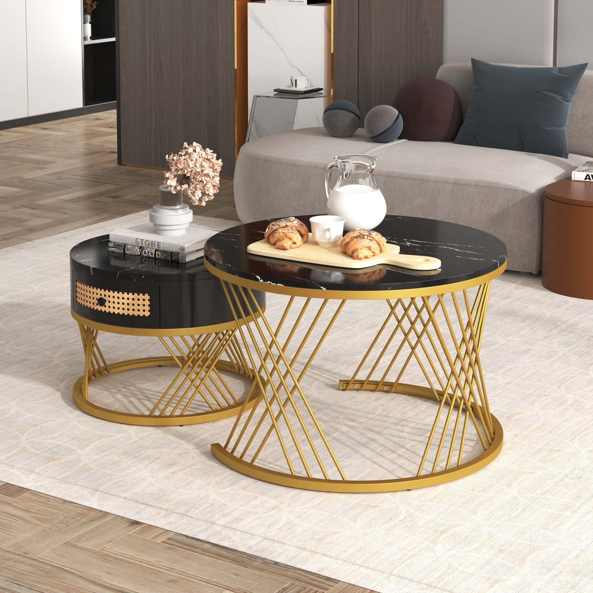 Logidon 2in1 salontafel zwart marmerlook rotan lades goud 70x70