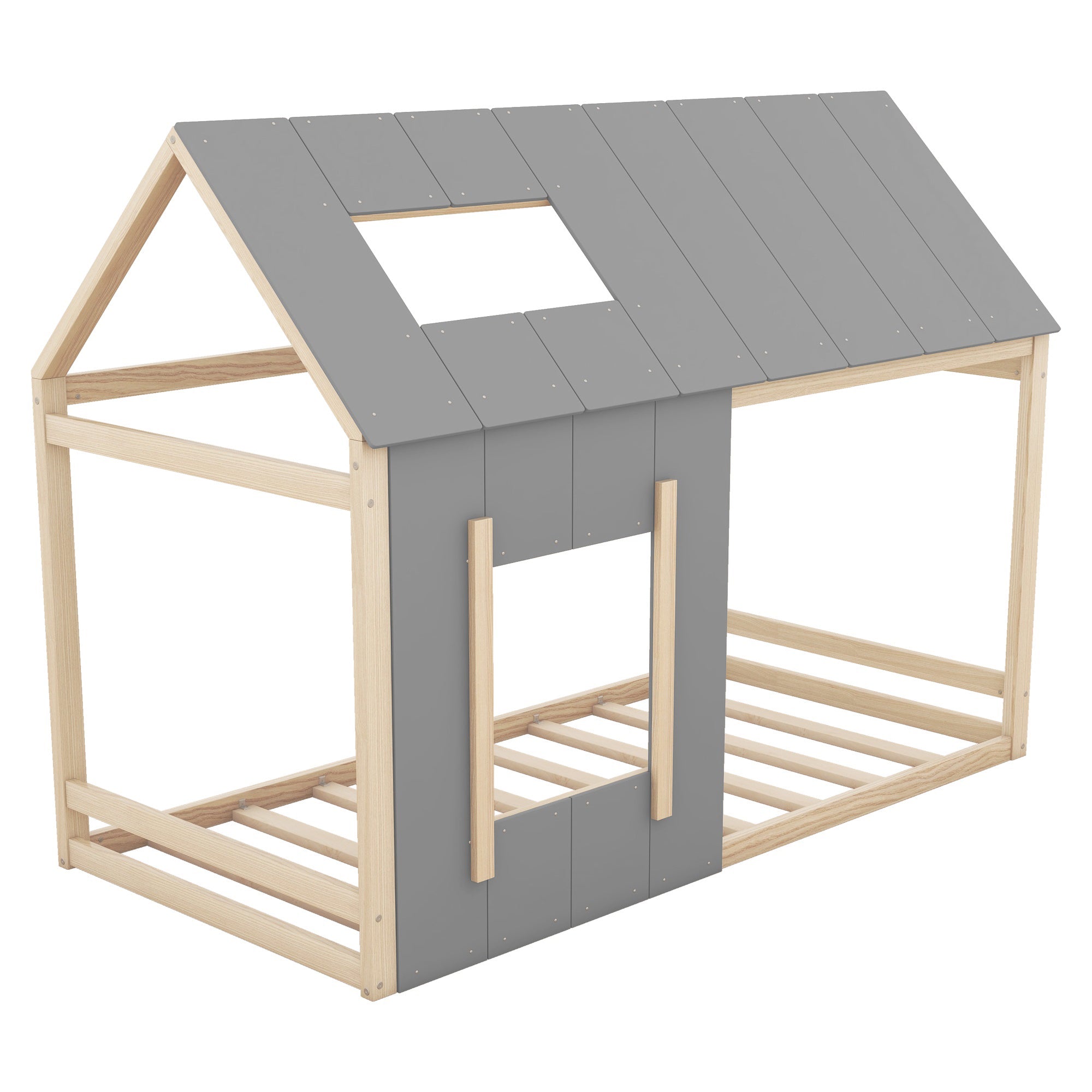 Logidon 90 x 200 kinderbed huisvorm grijs natuurlijk dakraam