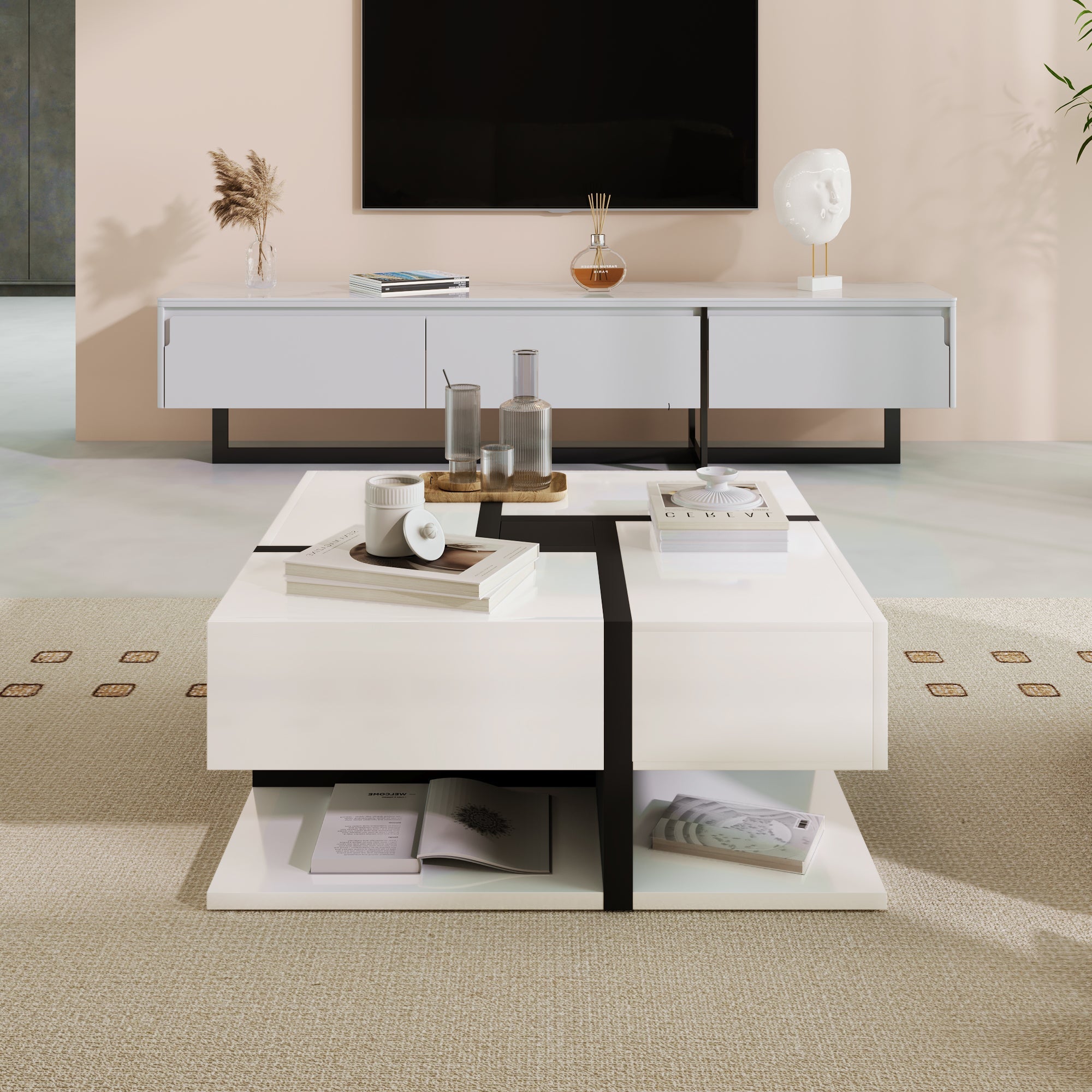 Logidon high gloss coffee table square 78 cm - 4 drawers, white