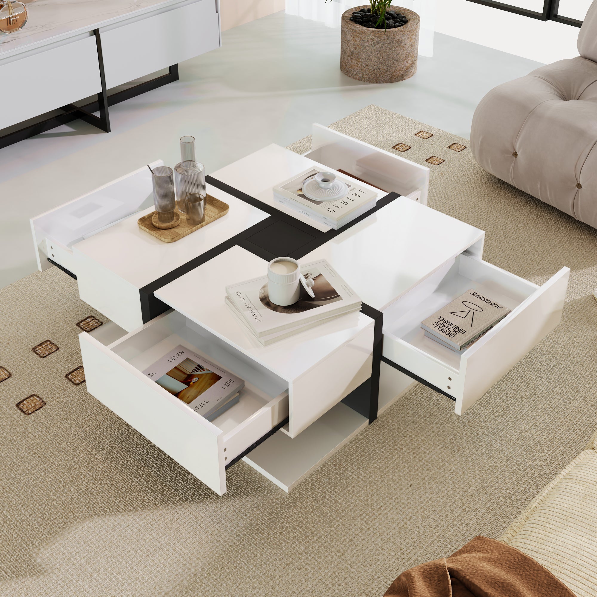 Logidon high gloss coffee table square 78 cm - 4 drawers, white