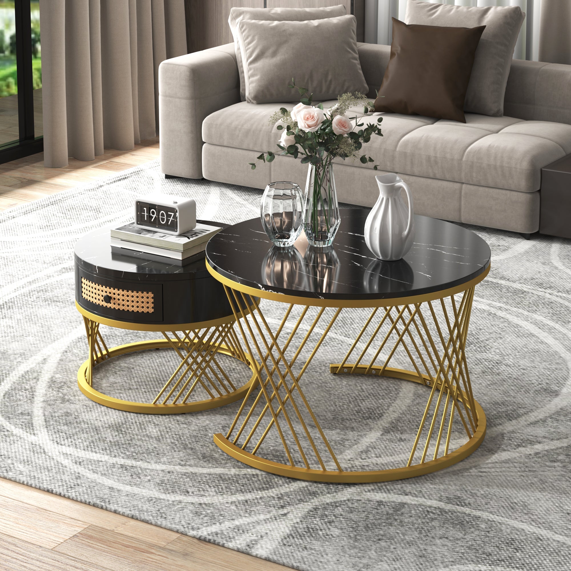 Logidon 2in1 salontafel zwart marmerlook rotan lades goud 70x70