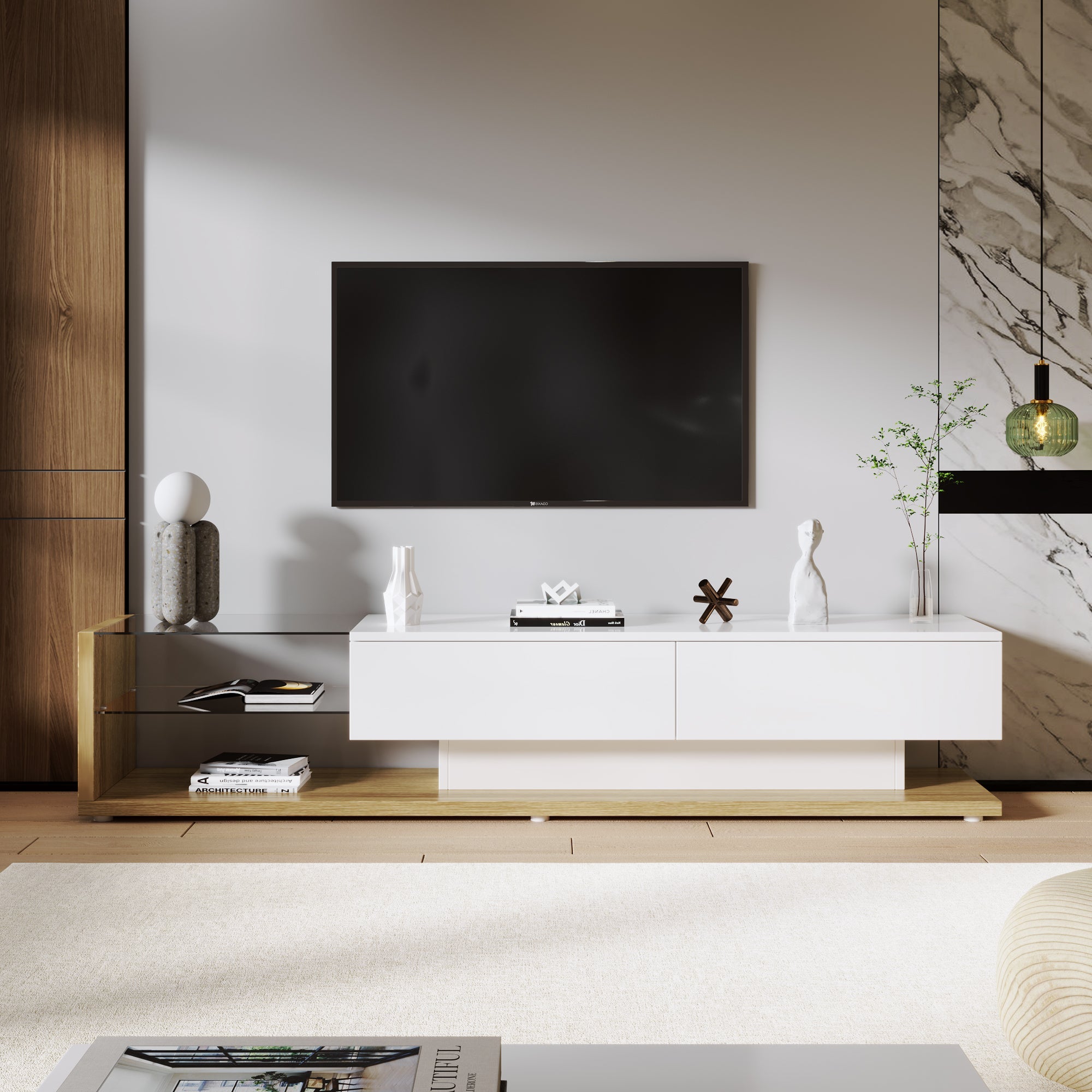 Logidon TV-meubel lowboard 170 cm wit houtlook met LED glaspanelen