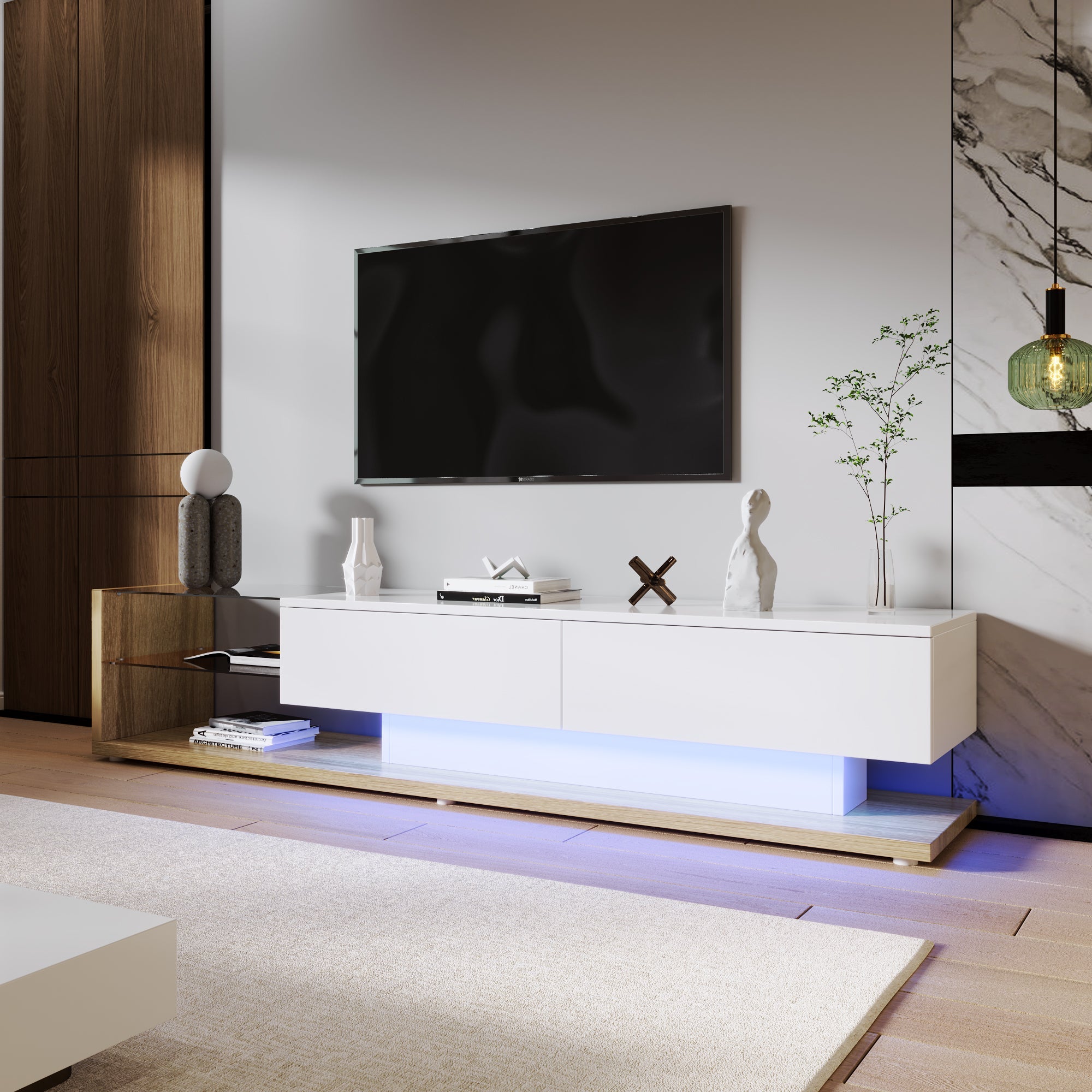 Logidon TV-meubel lowboard 170 cm wit houtlook met LED glaspanelen