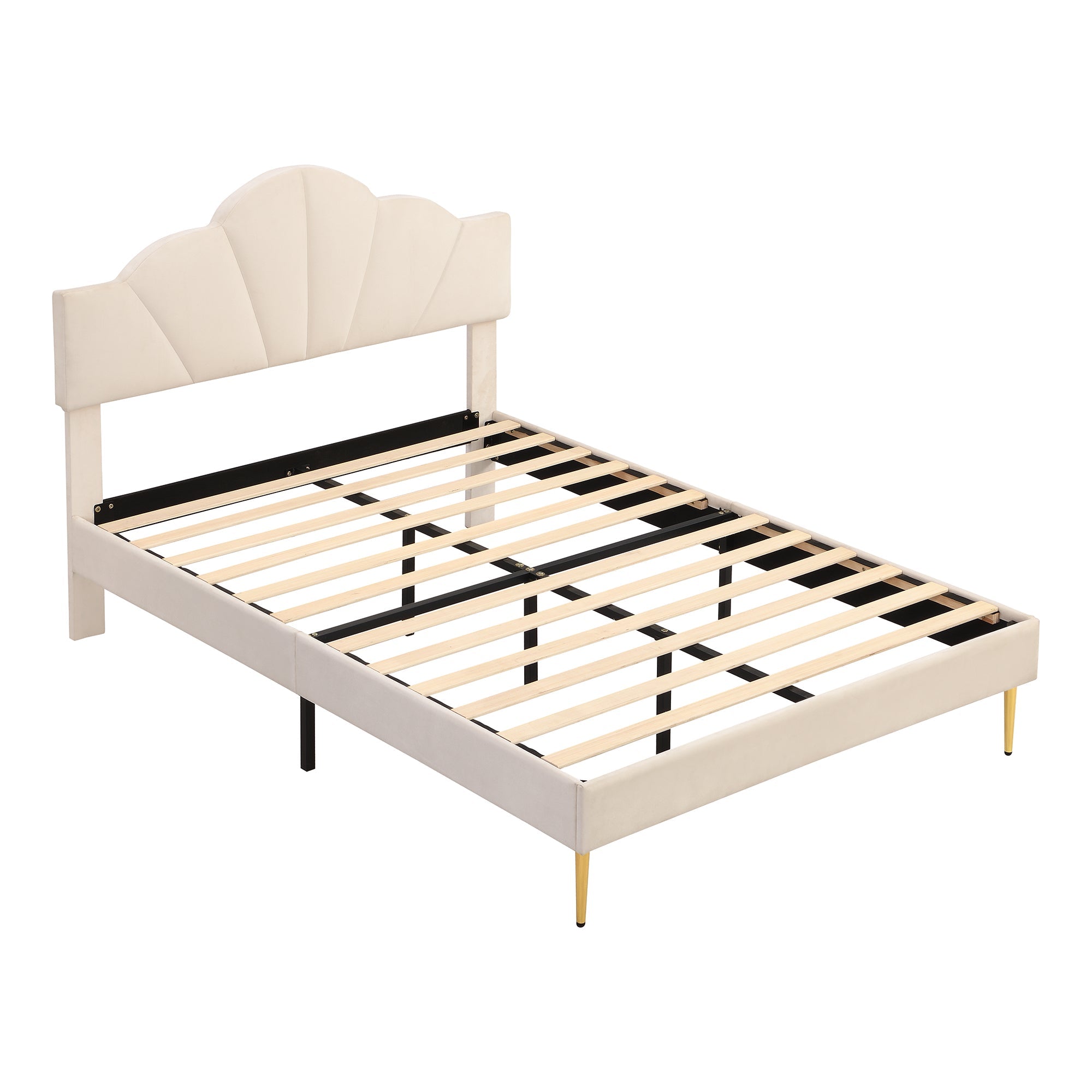 Logidon fluweel gestoffeerd bed 140x200 cm schaalontwerp goudpootjes beige