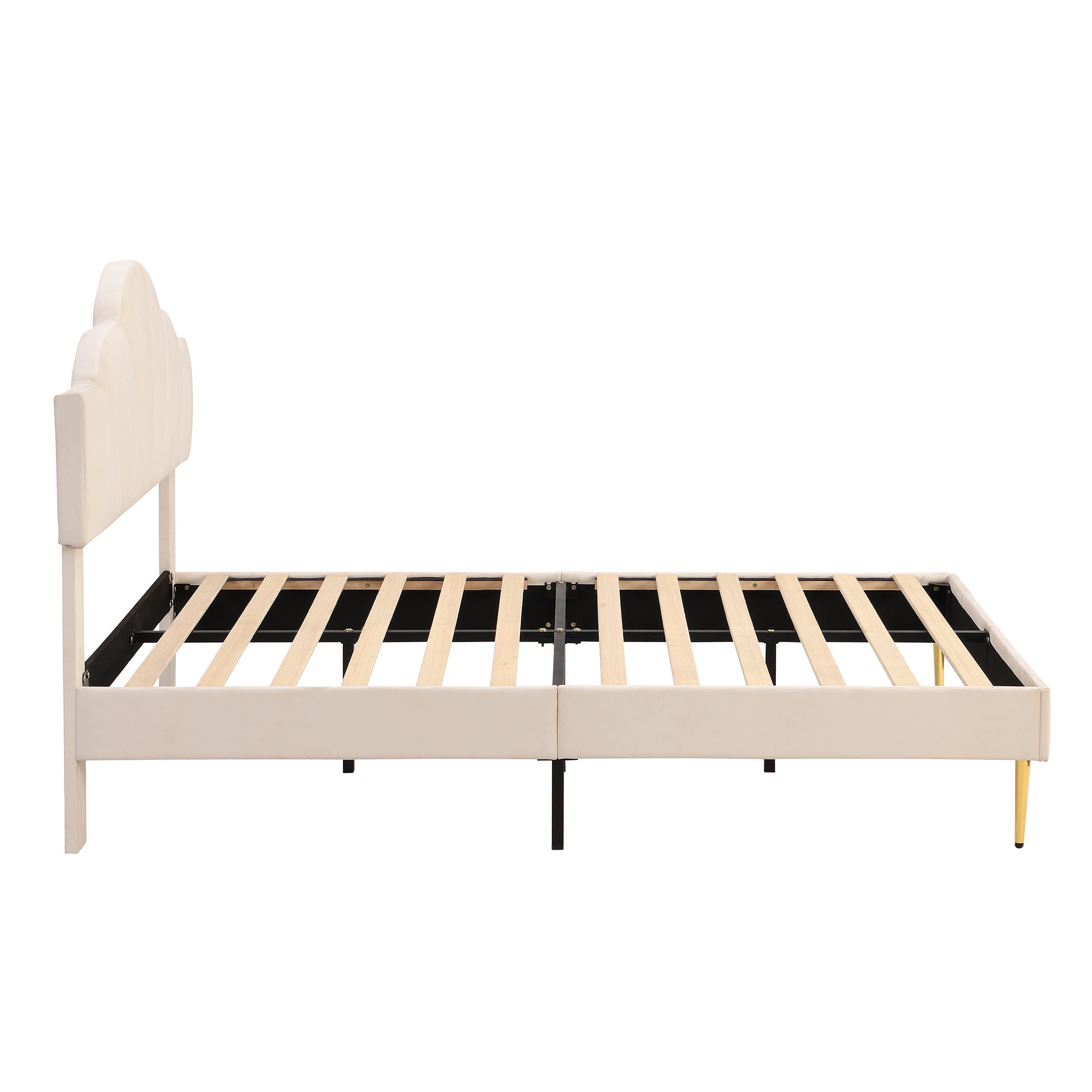 Logidon fluweel gestoffeerd bed 140x200 cm schaalontwerp goudpootjes beige