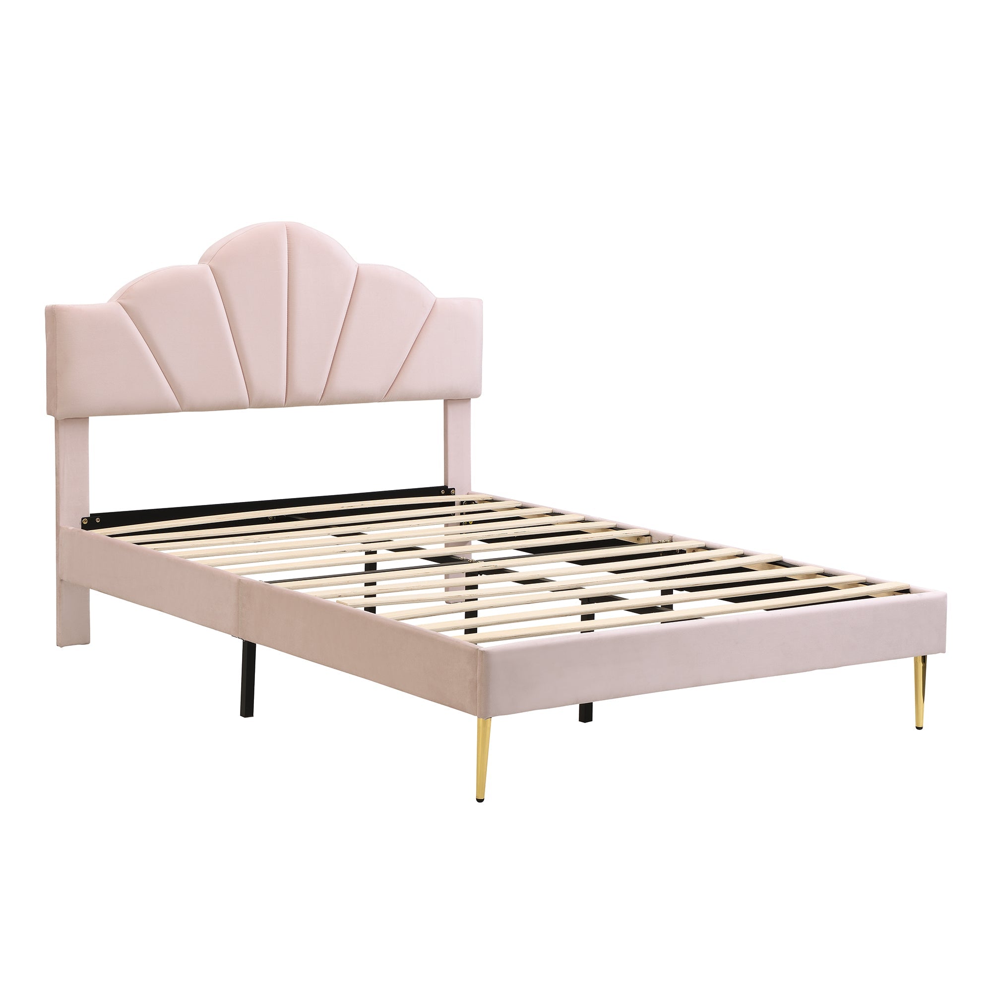 Logidon velor bed 140x190 cm pink - shell headboard, gold feet