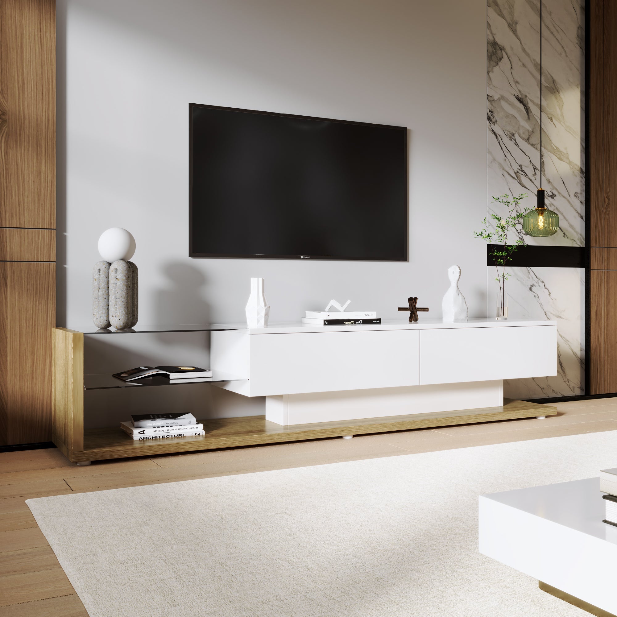 Logidon TV-meubel lowboard 170 cm wit houtlook met LED glaspanelen