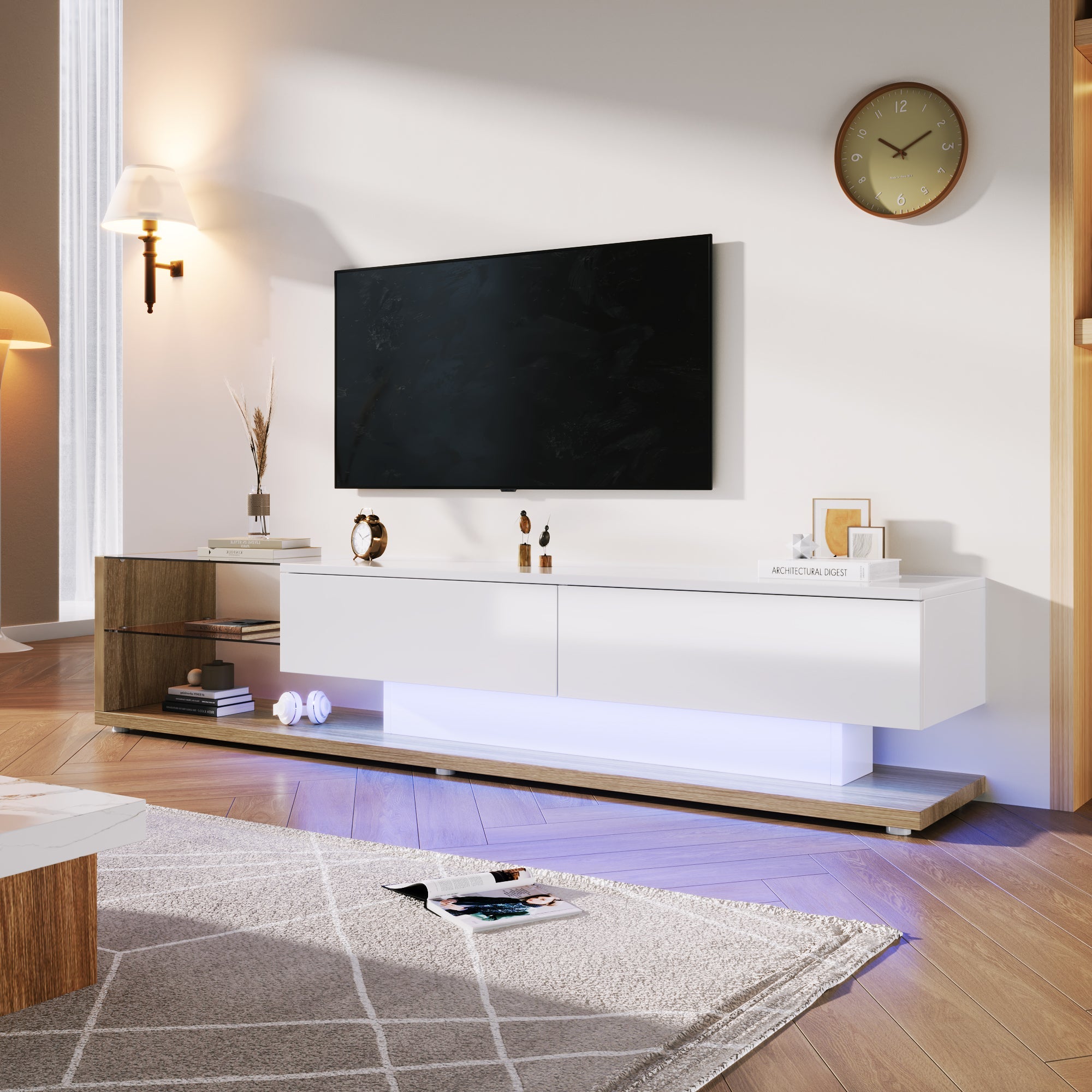 Logidon TV-meubel lowboard 170 cm wit houtlook met LED glaspanelen