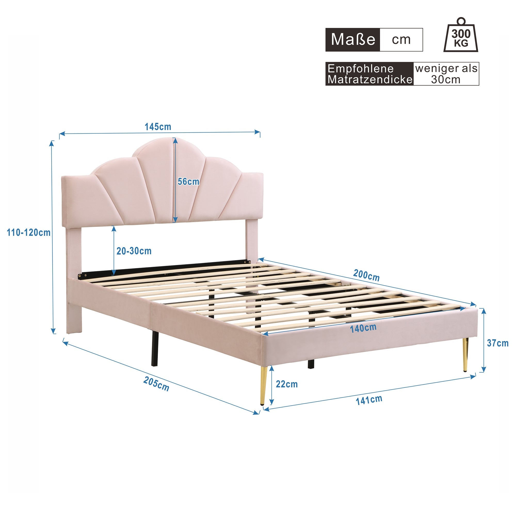 Logidon fluweel gestoffeerd bed roze 140x200 cm met schelpvormig hoofdbord