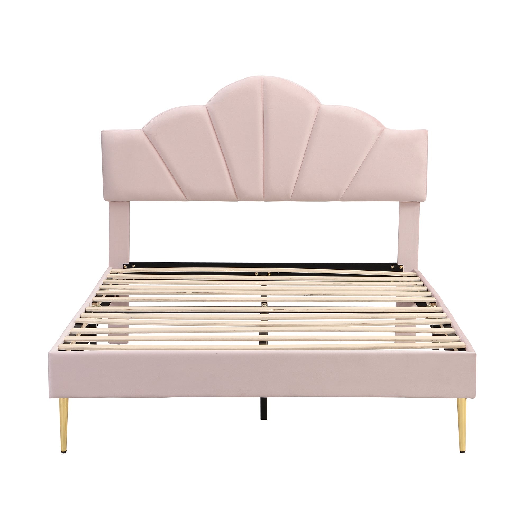 Logidon fluweel gestoffeerd bed roze 140x200 cm met schelpvormig hoofdbord