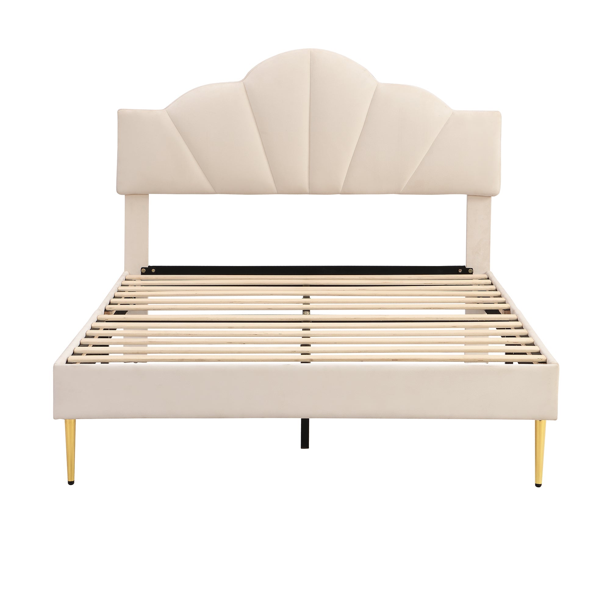 Logidon fluweel gestoffeerd bed 140x200 cm schaalontwerp goudpootjes beige