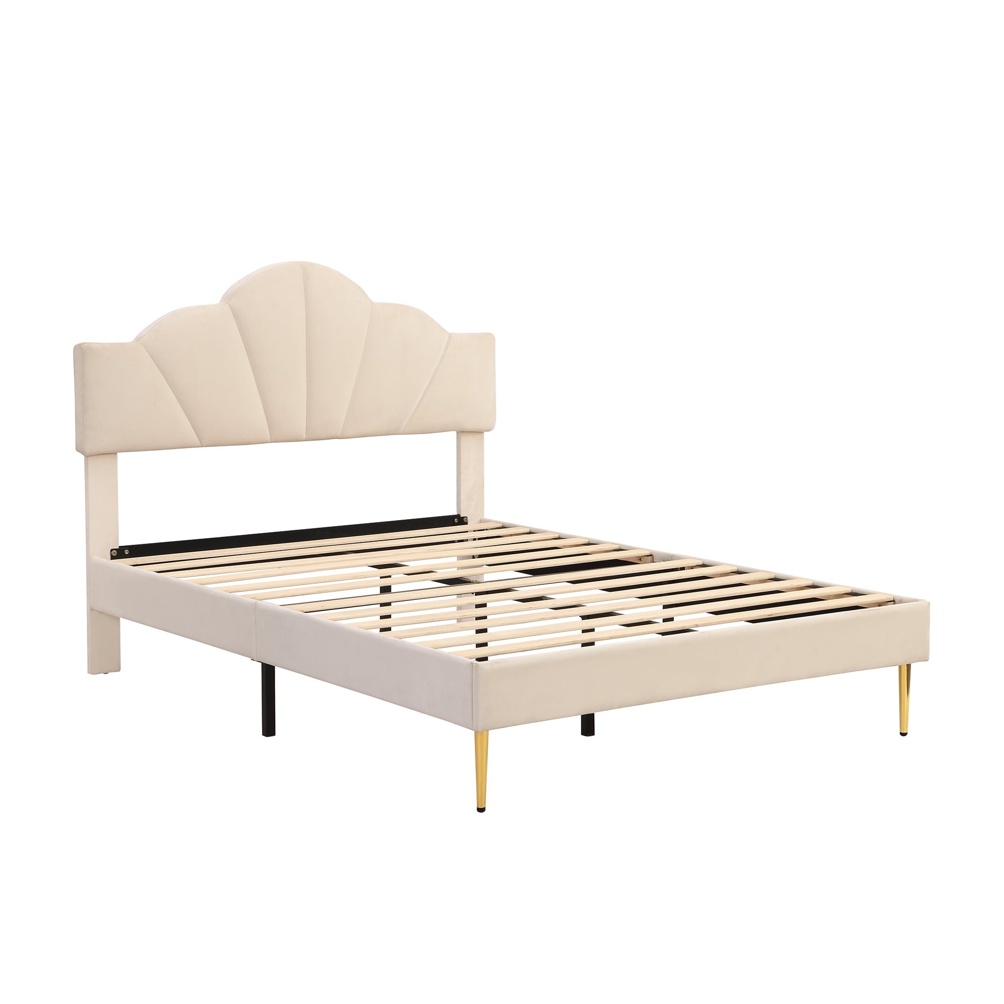 Logidon fluweel gestoffeerd bed 140x200 cm schaalontwerp goudpootjes beige