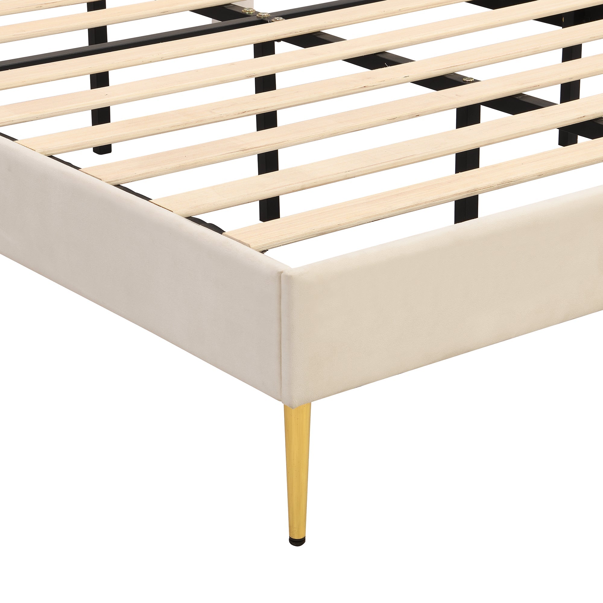 Logidon fluweel gestoffeerd bed 140x200 cm schaalontwerp goudpootjes beige