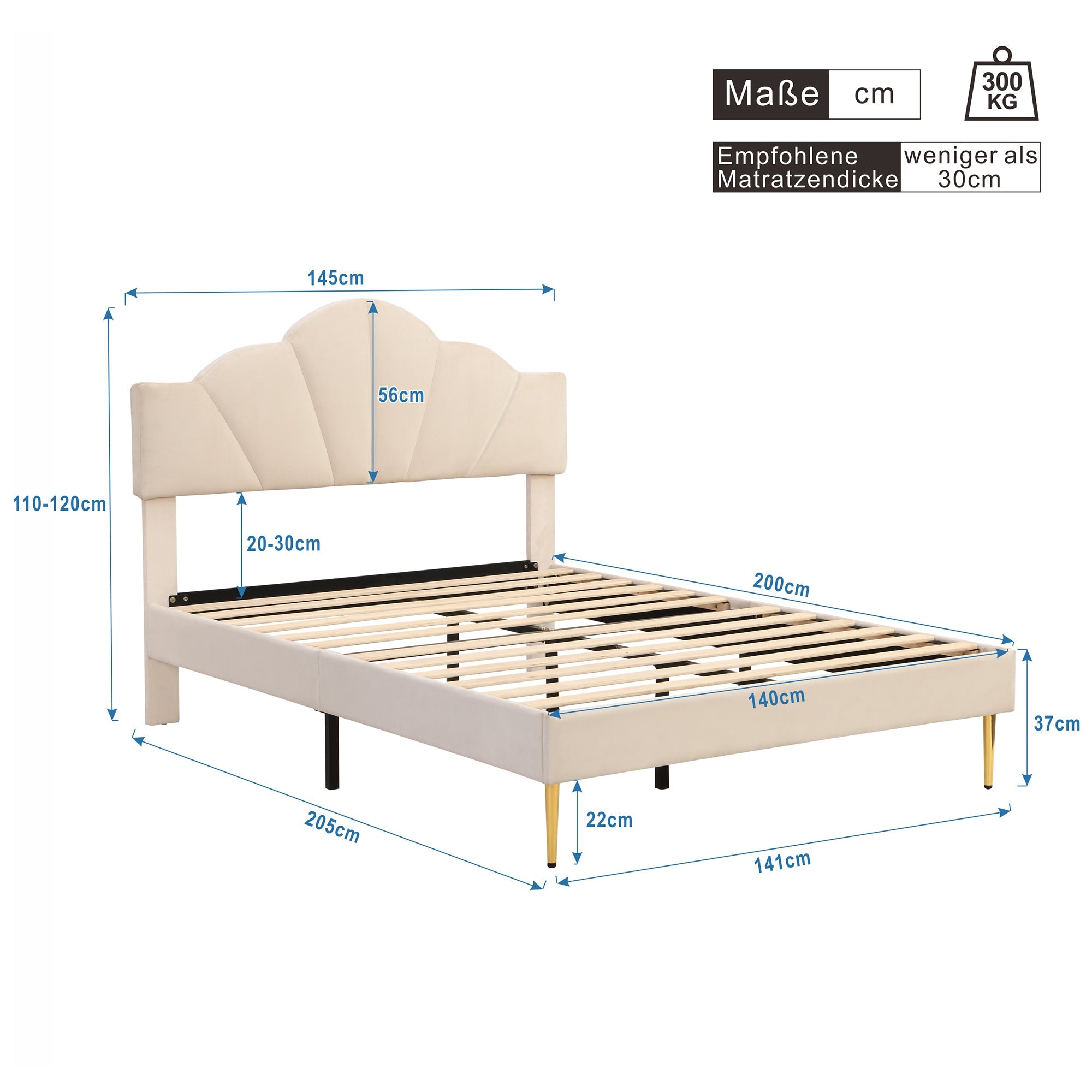 Logidon fluweel gestoffeerd bed 140x200 cm schaalontwerp goudpootjes beige