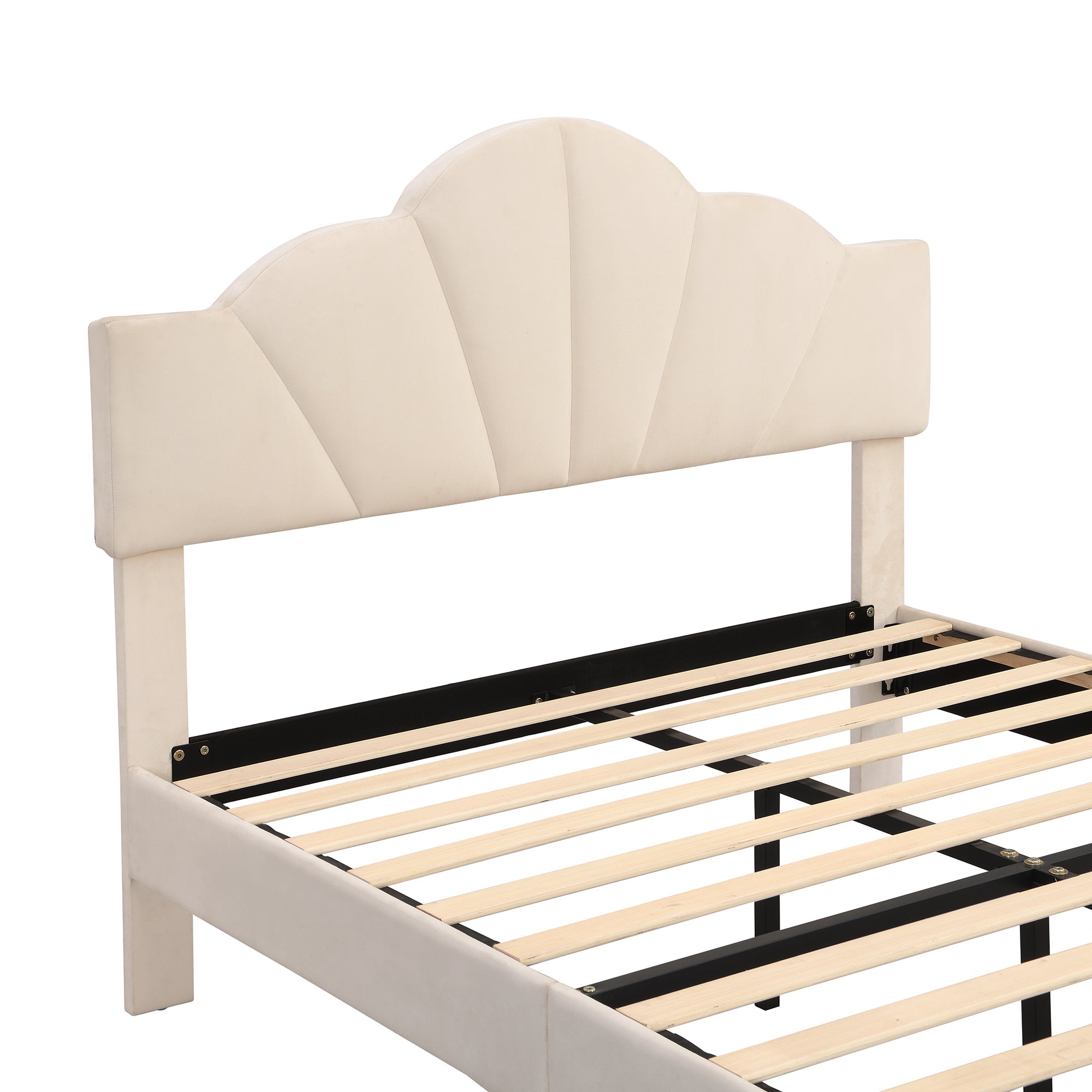 Logidon fluweel gestoffeerd bed 140x200 cm schaalontwerp goudpootjes beige