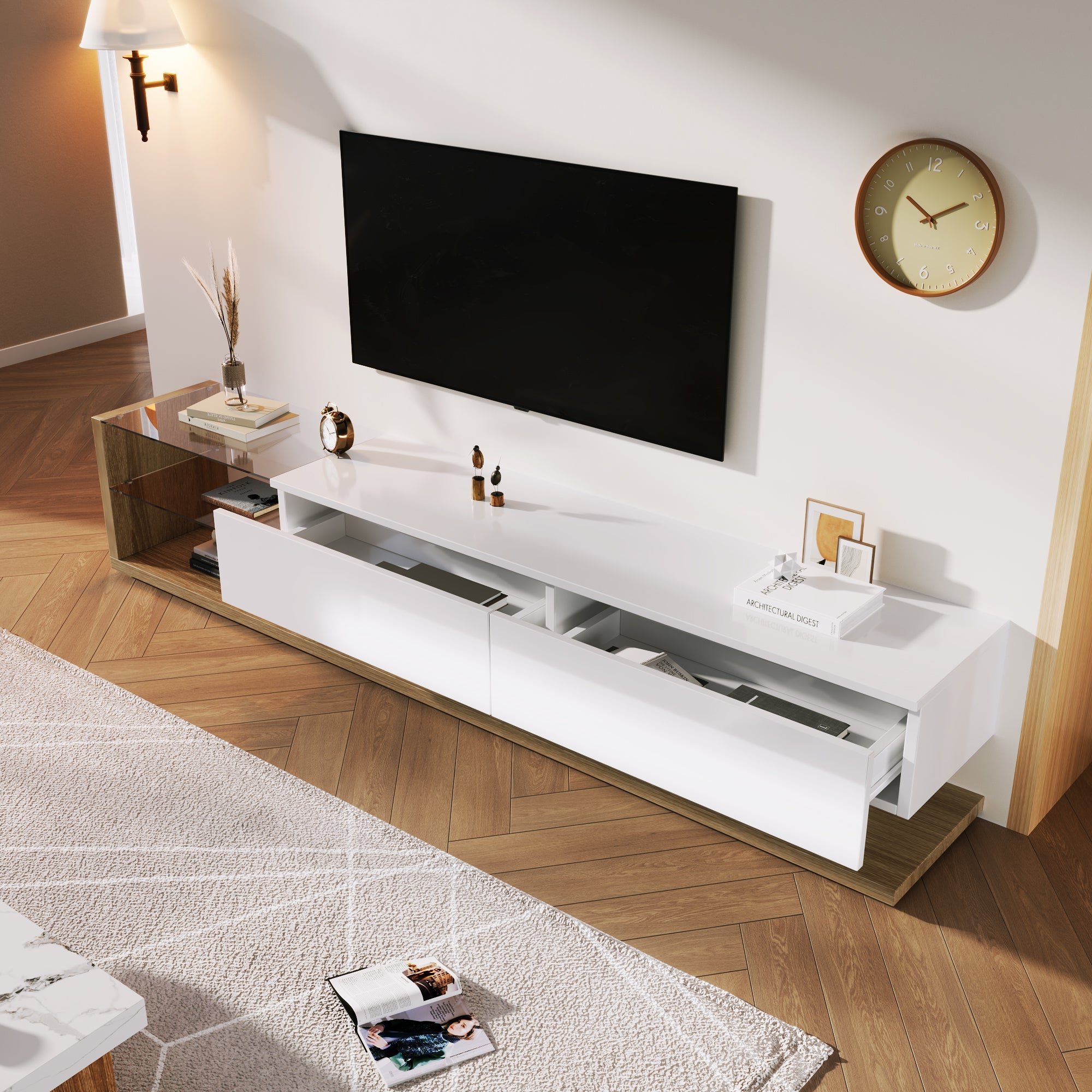 Logidon TV-meubel lowboard 170 cm wit houtlook met LED glaspanelen