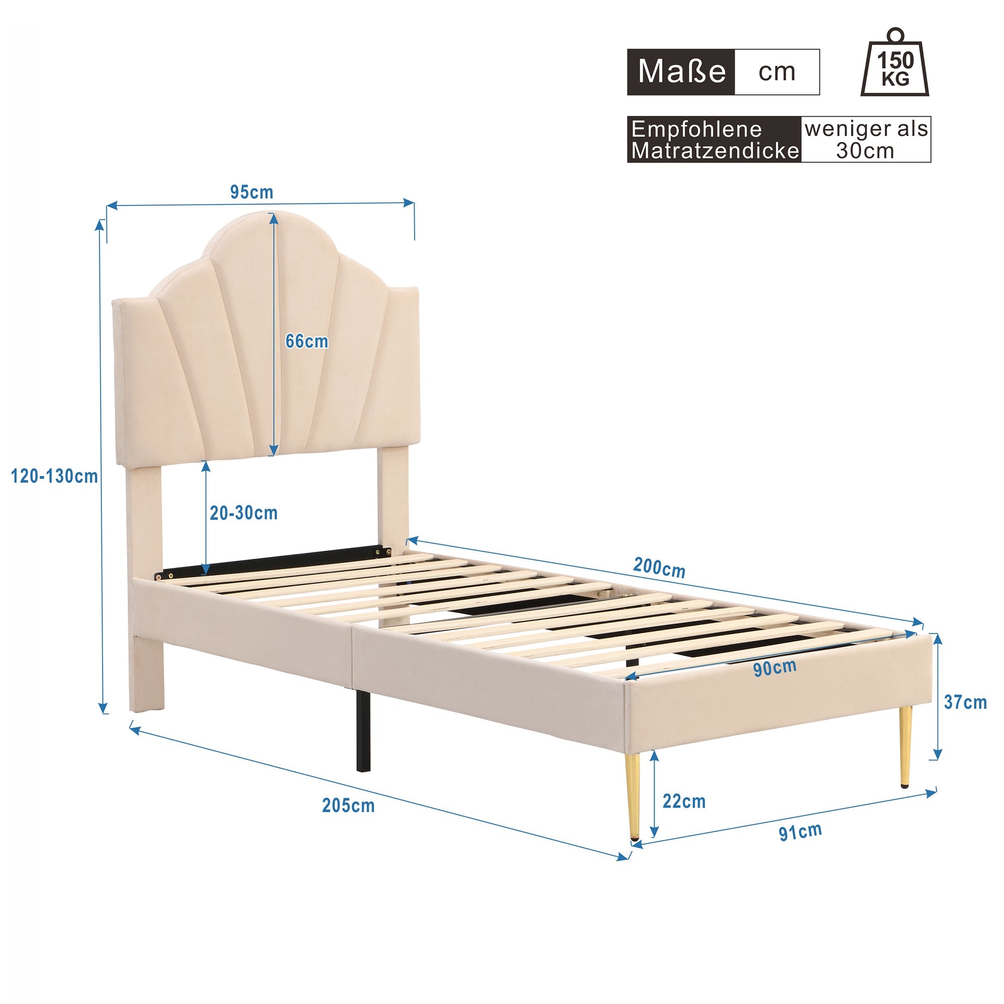 Logidon fluwelen bed 90x200 beige schelpvormig verstelbaar hoofdeinde